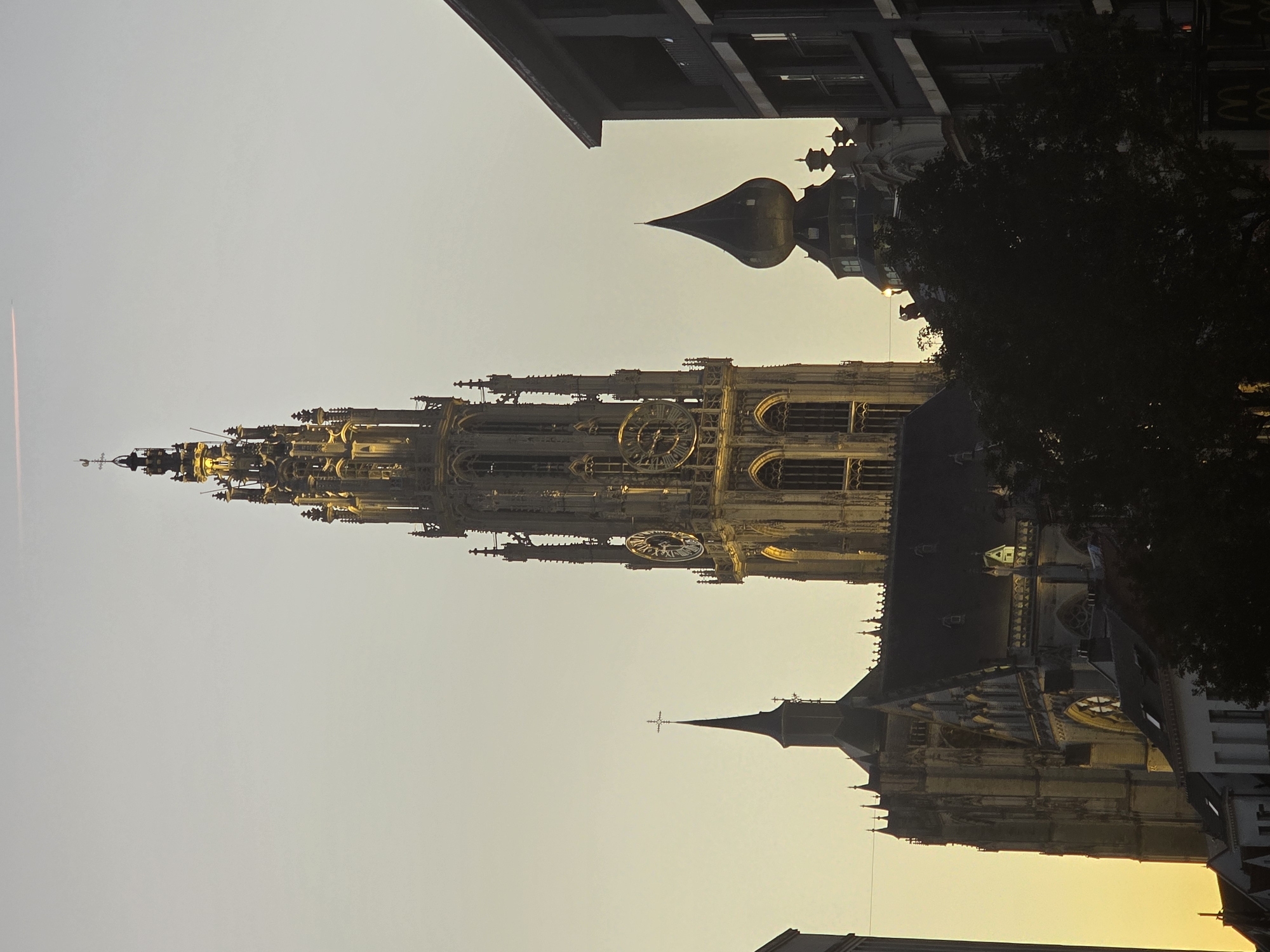 This is a vertical, medium shot of the Cathedral of Our Lady in Antwerp, Belgium, bathed in the warm, golden light of sunset or sunrise. The iconic Gothic cathedral, with its towering spire reaching towards the sky, is illuminated from below, highlighting its intricate architectural details. A clock face is visible on the tower.
To the left of the cathedral, a smaller church spire with a cross on top is partially visible. To the right of the cathedral, a dark, modern building with balconies stands in silhouette, partially obscuring the view. In front of these structures, the dark, silhouetted shapes of trees are prominent, adding depth to the scene. A distinctive onion-shaped dome, likely part of another building within the city, is visible between the cathedral and the modern building. The sky is a soft, gradient of pale yellow and light gray, with a thin contrail from an aircraft visible in the upper portion of the frame.