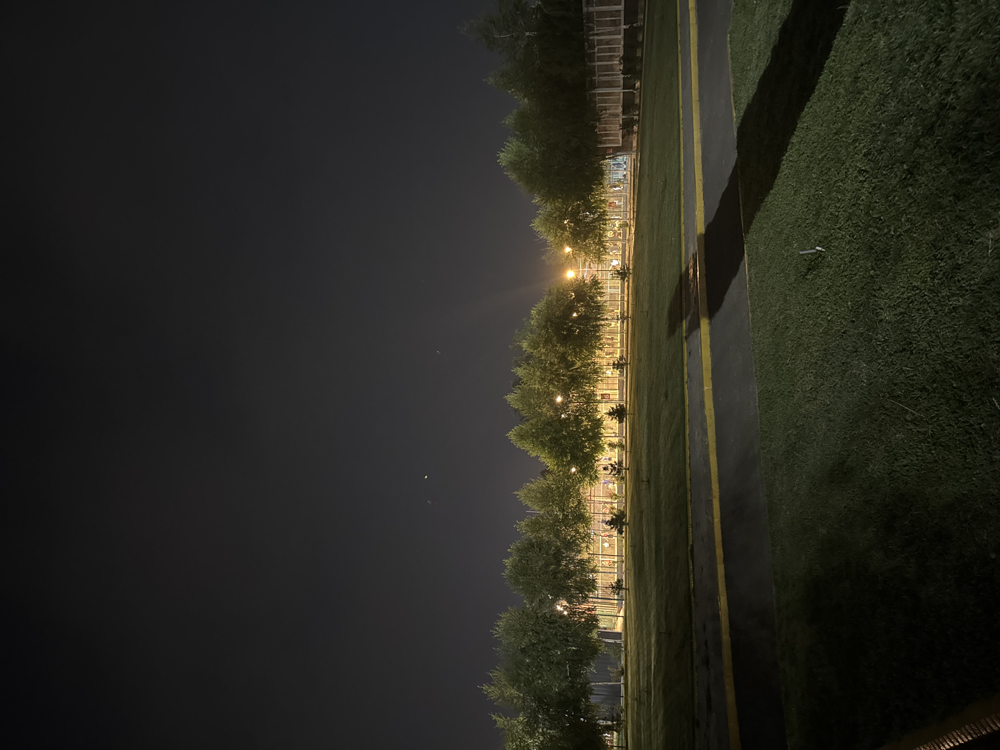 The image captures an outdoor scene at night in Osh City, Kyrgyzstan. The foreground features a well-maintained grassy lawn with a yellow stripe marking the edge of a paved area or pathway. A long, distinct shadow stretches across the grass from the right side of the frame. Behind the grass, a line of trees with lush green foliage is illuminated by scattered streetlights, creating a soft glow. Beyond the trees, a fence encloses an area that appears to be a sports court or playground, with figures of people visible, suggesting activity. The background is a dark night sky, with faint celestial objects or distant lights visible. The overall impression is a serene, open space within the city, illuminated for nighttime use.