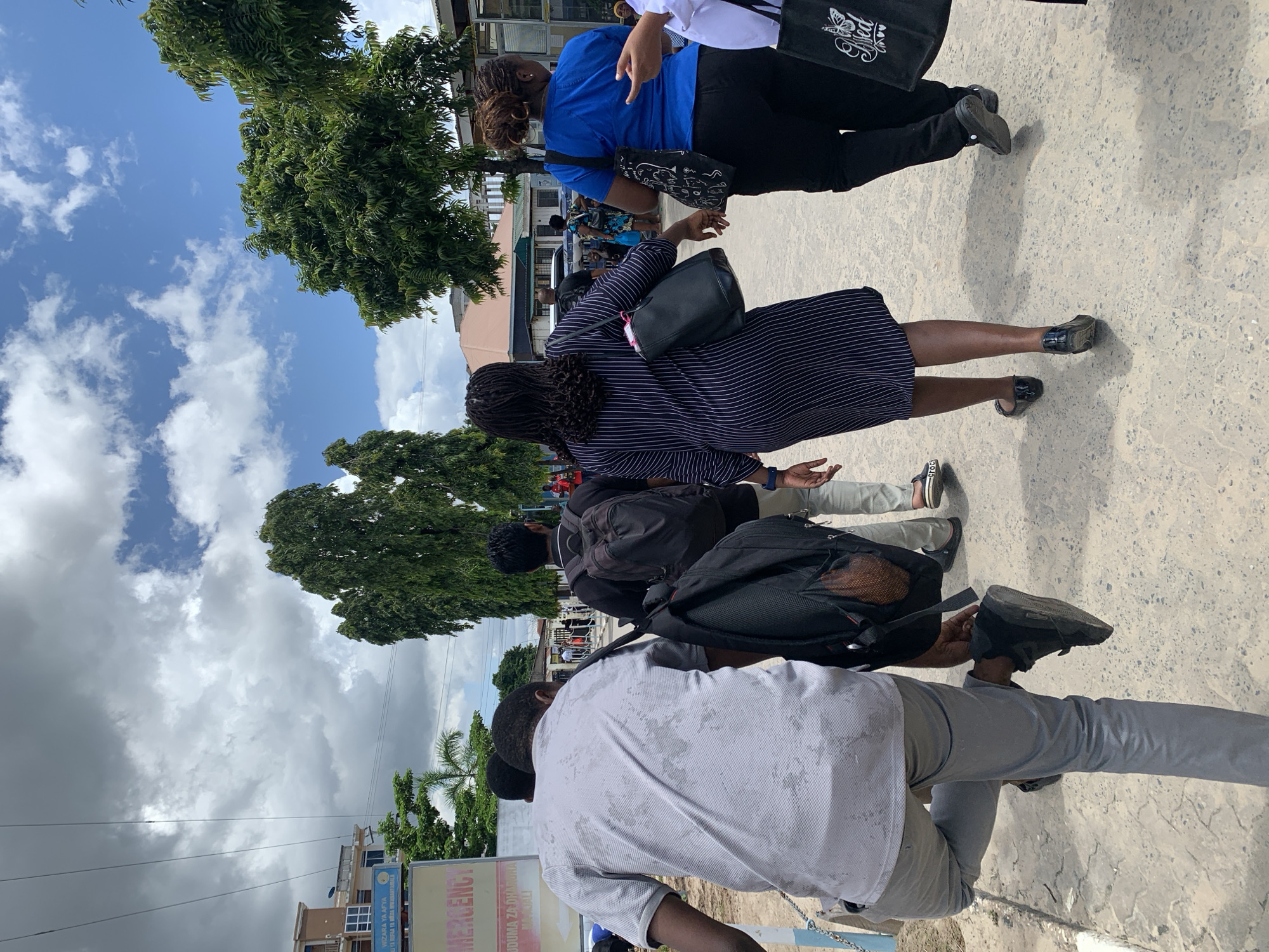 The image captures an outdoor scene, likely a street or pathway, bustling with people, set under a partly cloudy sky. The overall impression is daytime in an urban or semi-urban environment.
In the foreground, a person in a light grey patterned short-sleeved shirt and grey trousers walks or stands, seen from behind. Behind them, another individual carries a black backpack. Further into the midground, a person wearing a black and white striped dress or top with a dark skirt and a black shoulder bag is visible. Next to them, an individual in a bright blue shirt and black trousers holds a black tote bag adorned with white text and a butterfly logo that reads "Wed". In the background, more people are gathered, some appearing to be in a queue or group.
The setting features large, lush green trees lining the path, with additional palm trees visible further back. Buildings can be seen in the distance. The ground is a light-colored, possibly paved or dirt surface.
Notable details include a partially visible blue and white sign in the lower left portion of the image. Key text on the sign includes "EMERGENCY", "WIZARA YA AFYA" (Ministry of Health in Swahili), and "UDUMA ZA AFYA KWA WOTE" (Health Services for All in Swahili), strongly suggesting the location is near a public health facility or hospital. The presence of Swahili text confirms the provided location context of Dar es-Salaam, Tanzania. The weather is bright with a mix of blue sky and white clouds, indicating a clear, sunny day despite some cloud cover. No strong emotions are discernible from the visible individuals.