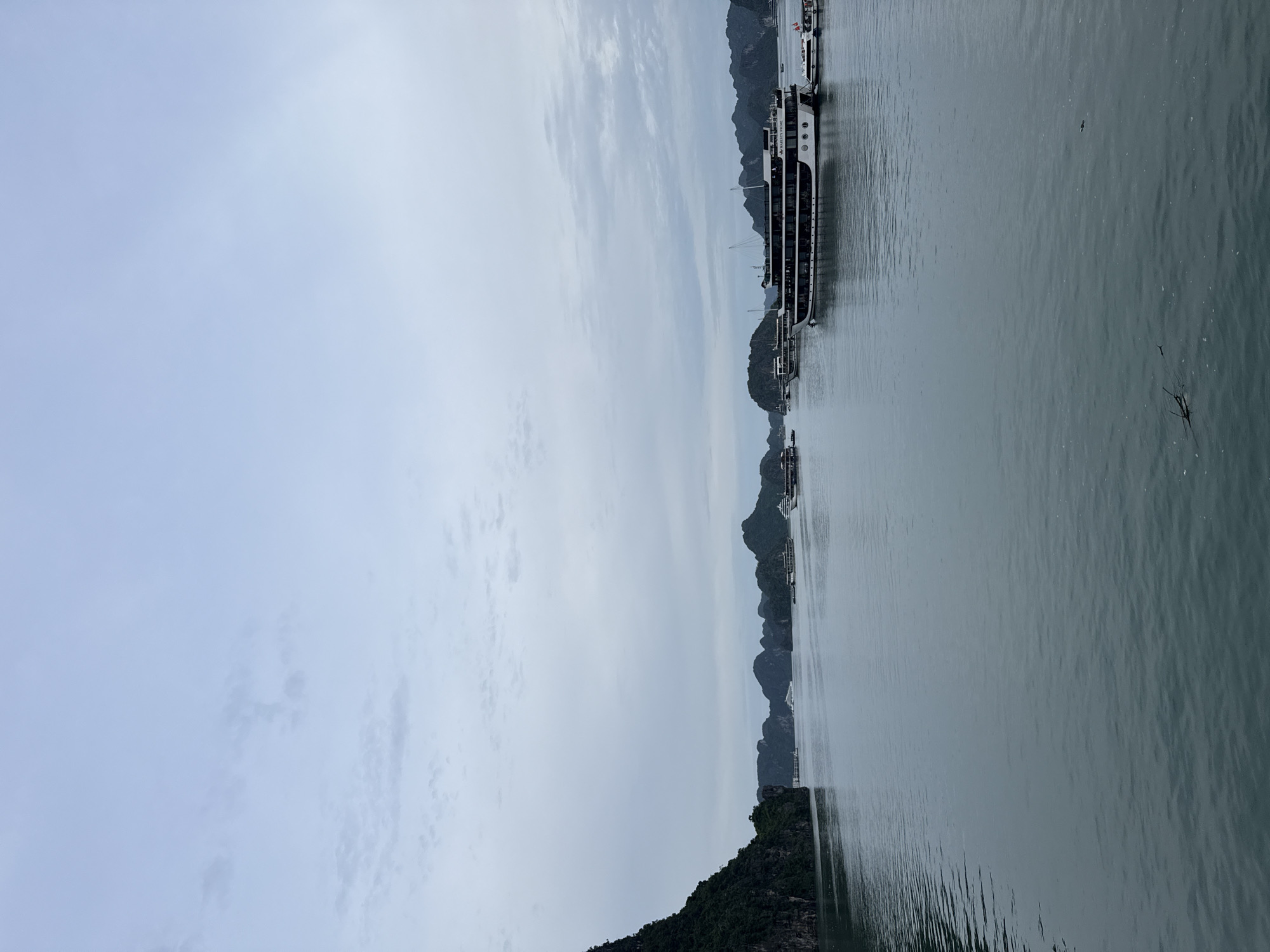 The image shows a body of water with several boats and karst formations under a cloudy sky. In the foreground, the water is calm with slight ripples. A large, multi-decked tour boat, predominantly white with black windows and trim, is docked on the right side of the frame, with the name "MAJESTY PRIME" visible on its side. Smaller boats are also present. In the midground and background, more tour boats are scattered across the water, and numerous lush, green karst islands rise from the sea. The sky is overcast with a light gray hue. The scene appears to be a view of Ha Long Bay or a similar seascape in the vicinity of Hải Phòng, Vietnam, a region known for its dramatic karst landscapes and maritime activities. No people are clearly visible in the image.