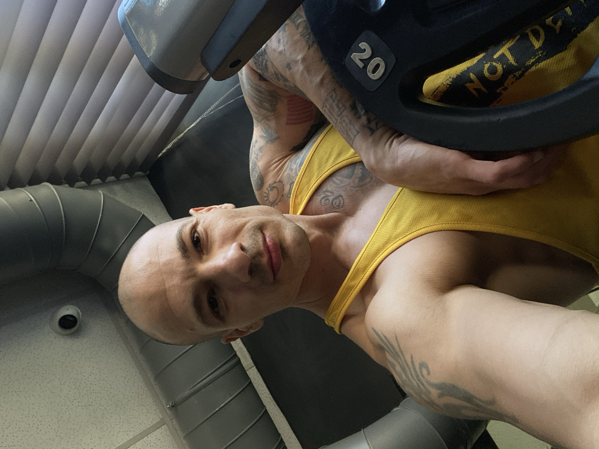 A bald man in a yellow tank top is holding a weight plate with the number 20 on it. The man has tattoos on his arms and chest. The location appears to be a gym, given the presence of workout equipment and ventilation ducts in the background. The ceiling is white with visible fixtures. The location in the city of Pleven, Bulgaria cannot be determined from the image.