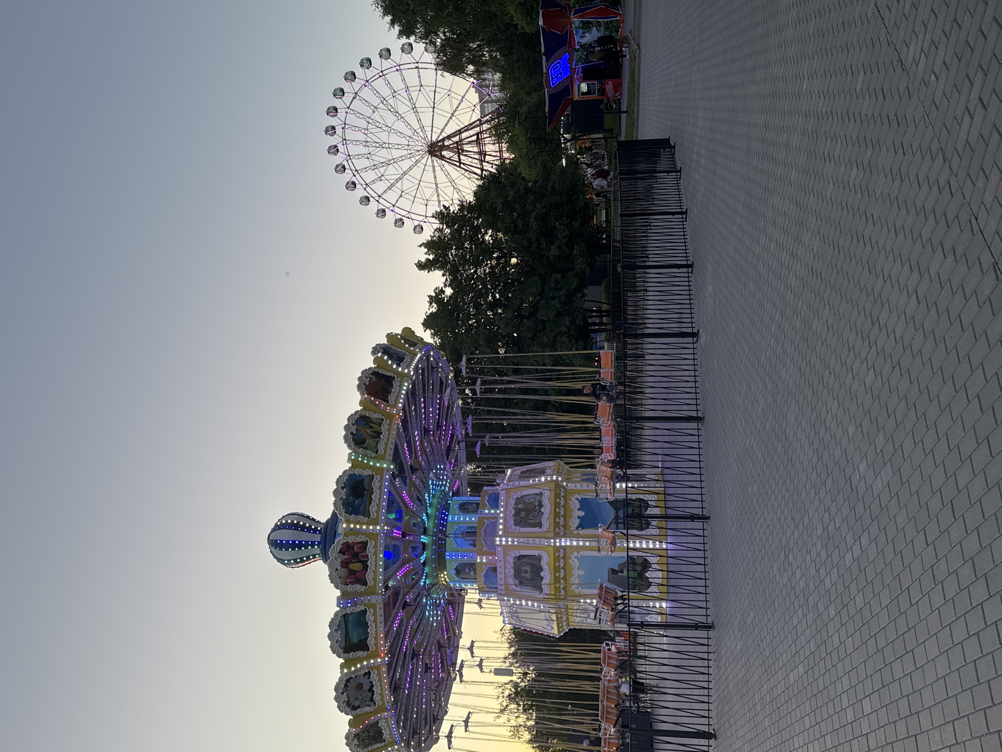 This image shows an amusement park scene in Novosibirsk, Russia, with a swing ride and a Ferris wheel prominently featured. The swing ride, illuminated with colorful lights, is in the foreground, its chairs hanging down. In the background, a large Ferris wheel is visible against a pale sky, also lit with purple and blue lights. Trees surround the rides, and a paved pathway runs alongside a black metal fence. The time of day appears to be dusk, with the sky showing a soft, hazy light. The atmosphere suggests a pleasant evening at an amusement park. No visible text is present in the image.