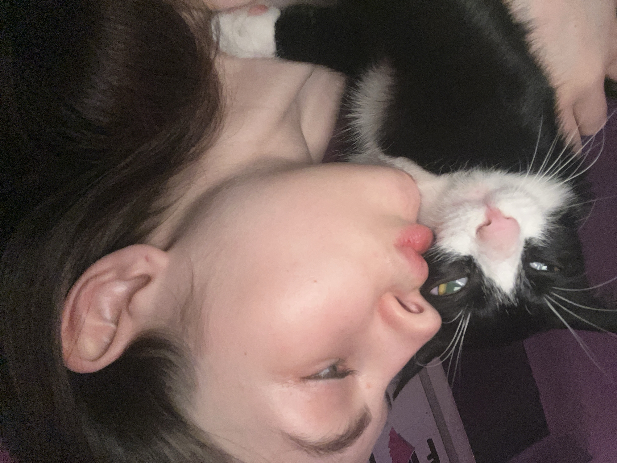 A close-up, tilted image shows a person and a black and white cat lying next to each other. The person, likely female, has fair skin, dark hair, and is facing left. The cat is positioned with its face against the person's face. The cat is mostly black, with white fur on its nose, mouth, and paws. The cat's eyes are heterochromatic, one being blue and the other green. The background is a dark purple color, appearing to be a blanket or clothing. The location of the image is not apparent from this image. The location of the image is unknown and the image description is based on the image alone.