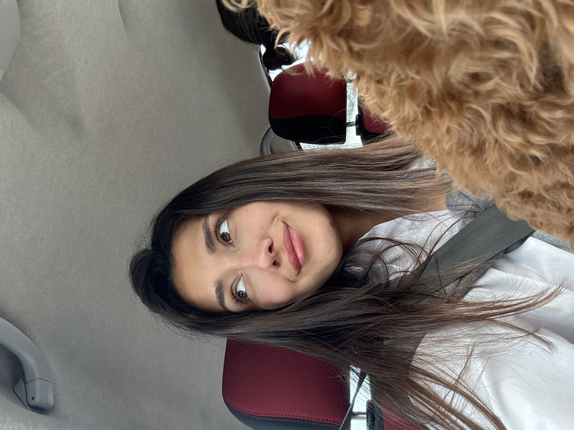 The image shows a young woman with long, dark hair sitting in a vehicle. She is wearing a white top and a seatbelt. A portion of a large, brown, curly-haired dog is visible in the foreground, partially obscuring the view. The interior of the vehicle is visible, including the gray headliner and a red headrest. The location is unknown.