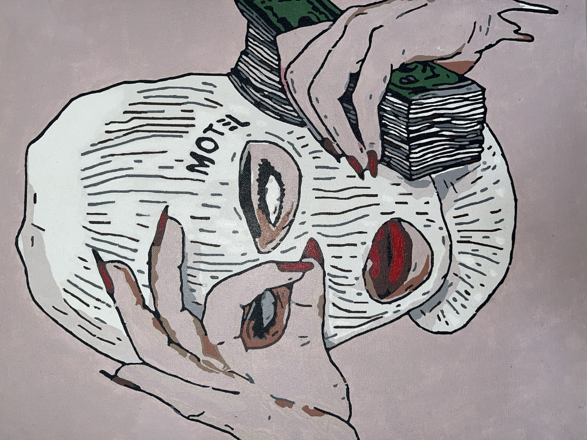 The image shows a close-up, illustrative painting of a person wearing a white mask that reads "MOTEL". The mask has eye holes. Two hands are interacting with the mask: one hand is holding a stack of money on top of the mask, while the other hand is around the mask's eye. The fingernails of both hands are painted red. The background is a solid pale pink color. There is no information provided that connects this artwork to the city of Ореховка, Russia.