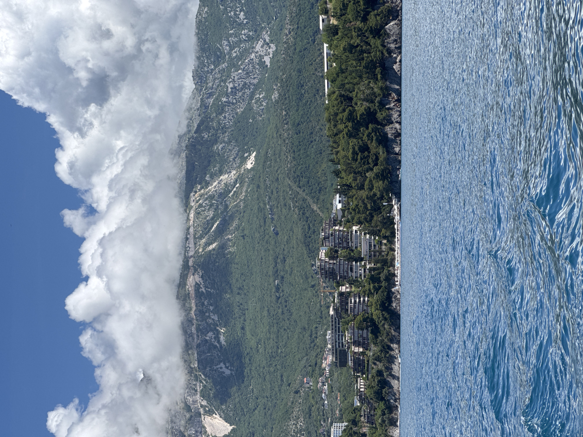 This image captures a vibrant coastal landscape, likely near Budva, Montenegro, viewed from the sea looking towards the shore.
In the foreground, the clear blue-green sea extends across the lower portion of the frame. Its surface is covered with numerous small ripples, indicating a gentle movement of the water and reflecting the bright daylight.
Beyond the water, a narrow strip of coastline is visible, characterized by dense, dark green vegetation, likely Mediterranean trees and shrubs, growing along rocky slopes. Integrated into this lush hillside are numerous multi-story buildings, appearing to be modern residential or hotel complexes. These structures are built close to the water's edge and extend upwards along the contours of the land, featuring balconies and a mix of white and darker facades. A few small boats are discernible near the shore, suggesting coastal activity.
Dominating the midground and background are large, imposing mountains. The lower and middle slopes of these mountains are heavily forested with green trees, while the higher elevations reveal more rugged, rocky outcrops and lighter, barren patches. White clouds are draped over and around the mountain peaks, partially obscuring them and creating a dynamic interplay between sky and land.
The sky above is a clear, bright blue, adorned with large, fluffy white cumulus clouds that add depth and texture to the scene. The overall impression is that of a sunny and pleasant daytime scene in a picturesque coastal region. There is no visible text in the image.