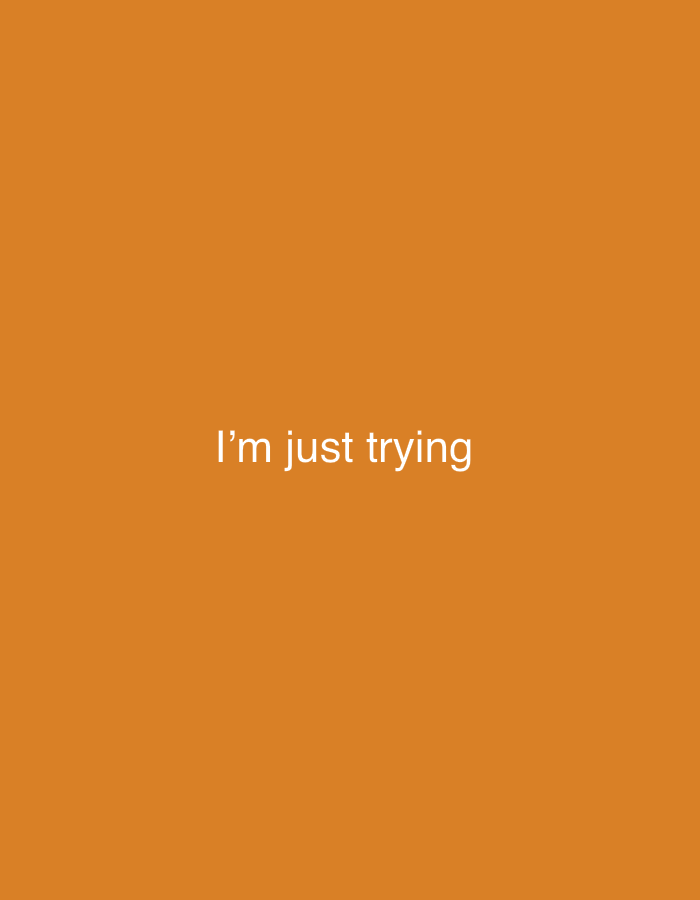 The image features a solid, uniform burnt orange background. Centered horizontally and positioned slightly below the vertical midpoint, white sans-serif text reads: "I'm just trying." The visual content of the image does not provide any geographical or environmental details to indicate a specific location, including the city of Santa Ana, Venezuela. The scene is devoid of people, objects, or actions beyond the static text on a colored field.
