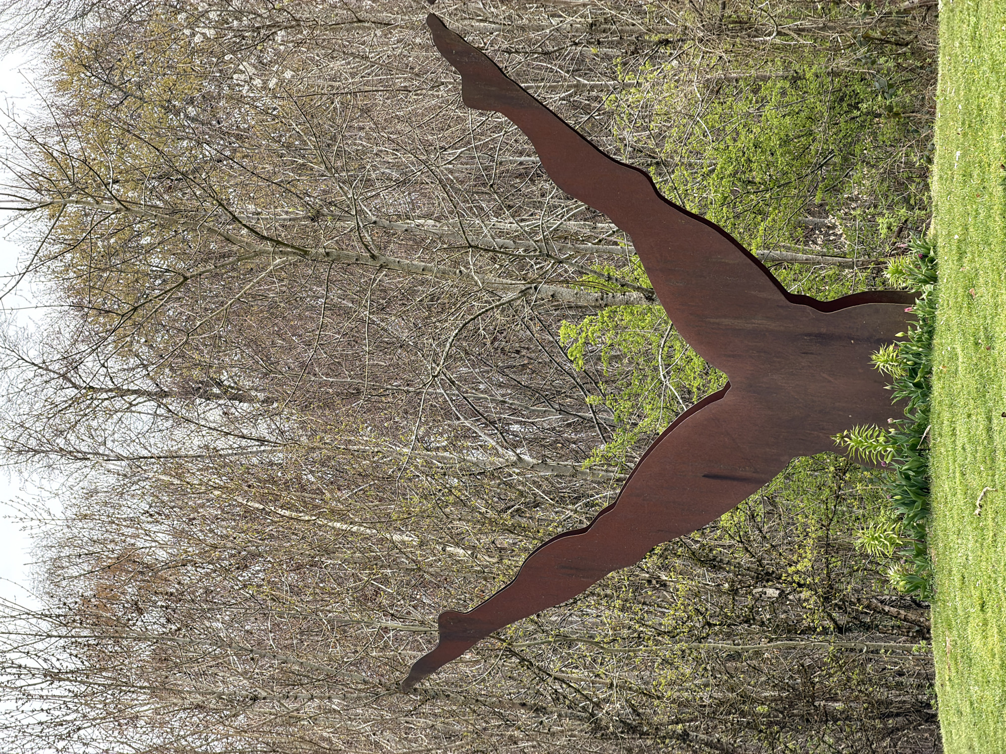 The image captures a modern metal sculpture depicting a diver in a plunging pose. The rust-colored silhouette is juxtaposed against a backdrop of early spring foliage and trees with bare branches. The sculpture is situated on a grassy verge, hinting at a park-like setting. Located in Esch-sur-Alzette, Luxembourg.