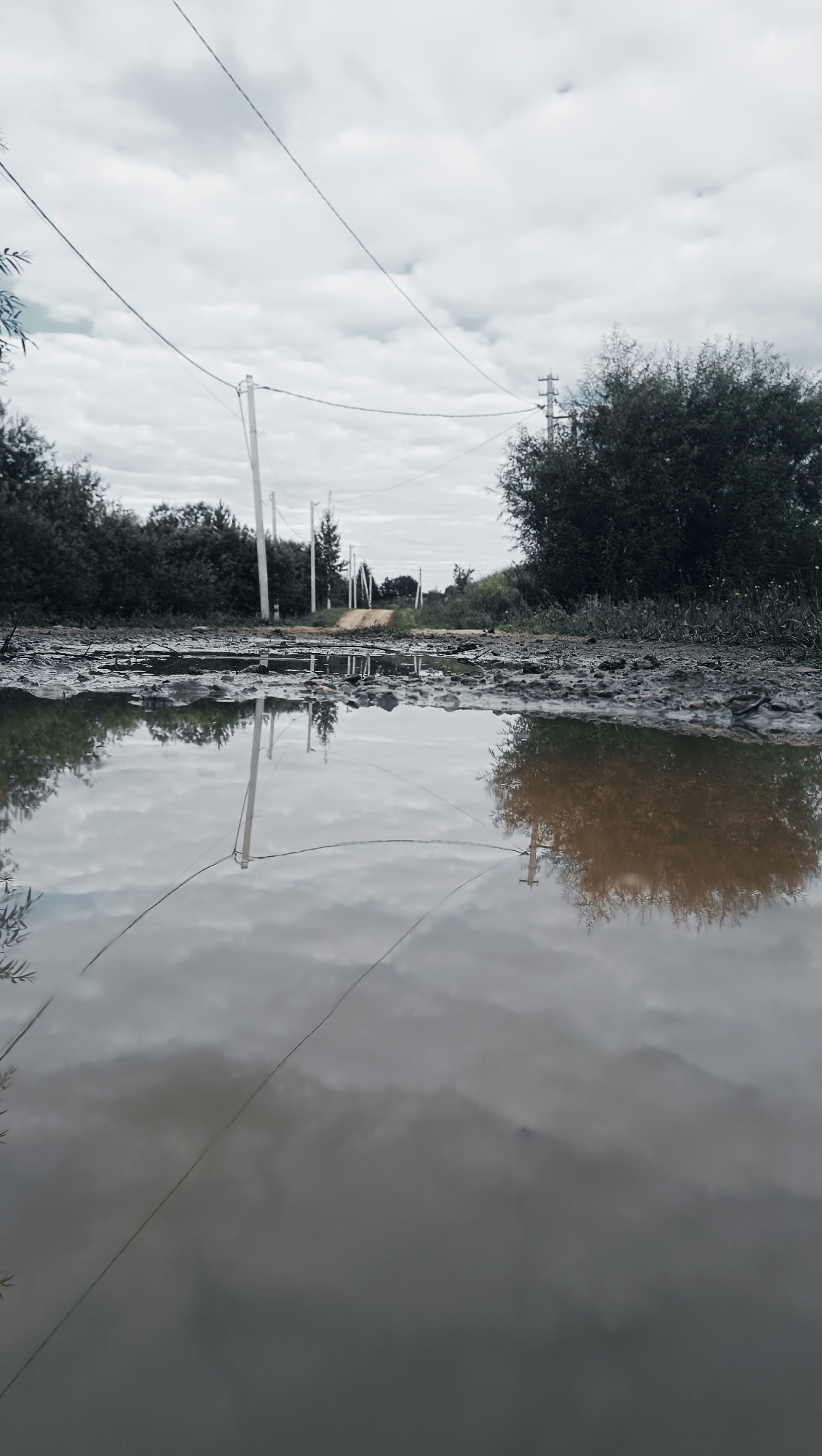 The image depicts a low-angle view of a dirt road with a large puddle in the foreground, reflecting the overcast sky, trees, and power lines. The road appears to be in a rural or semi-rural area, with dense vegetation lining its sides and numerous utility poles with wires stretching across the frame. The ground around the puddle is muddy and uneven, with some gravel visible. The sky is a uniform gray, suggesting a cloudy or rainy day. The reflection in the puddle is clear, showing an inverted image of the scene above, including the shapes of the clouds, trees, and the distinct structure of the power poles and wires. There are no people or animals visible in the image. The overall atmosphere is somber and somewhat desolate. The location is identified as Karsha, Russia.