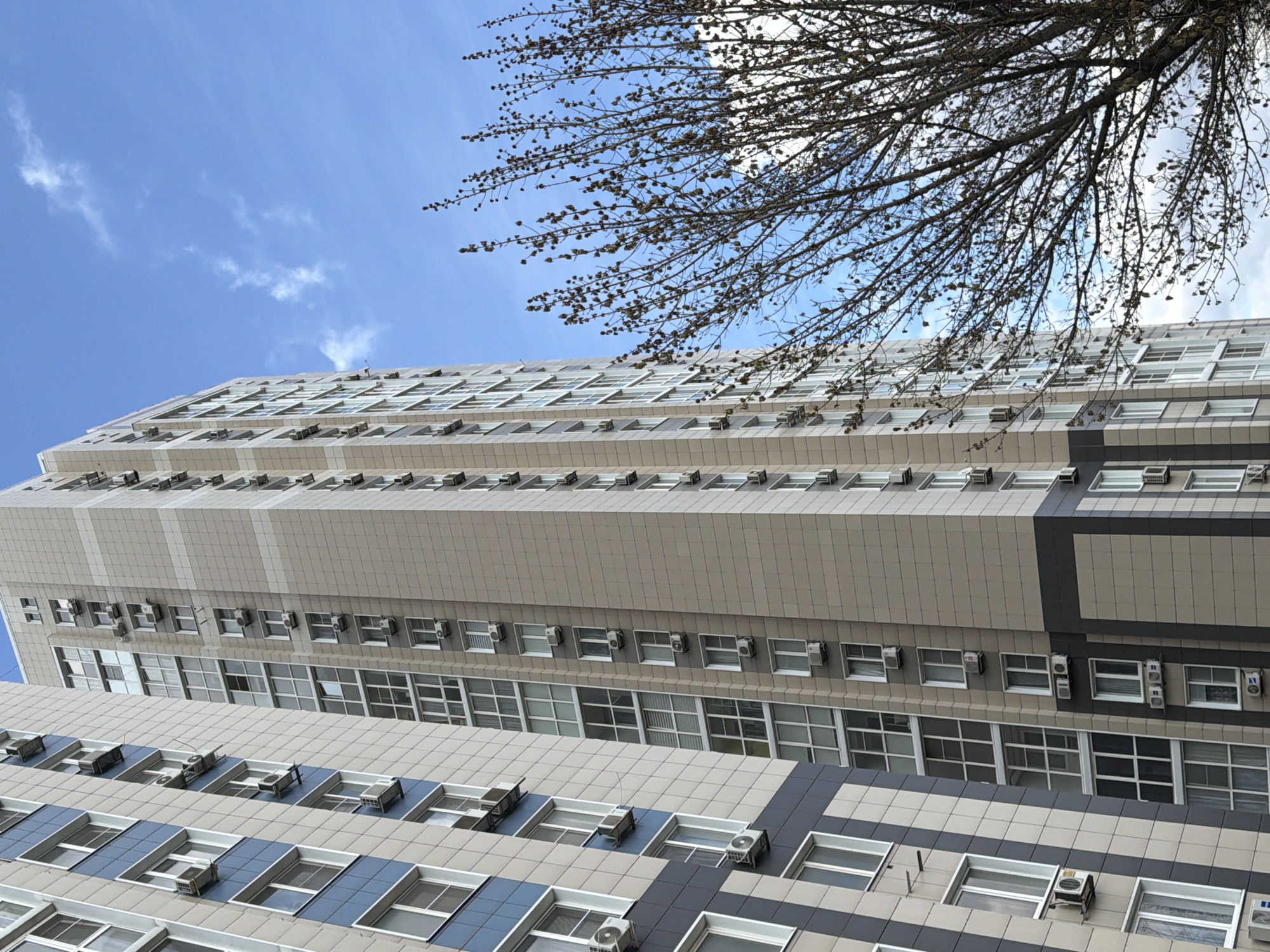 A low-angle shot reveals the facade of a multi-story building under a bright blue sky with scattered clouds. The architecture features a repeating pattern of windows and projecting air conditioning units, creating a grid-like texture. A tree with bare branches and small buds partially obscures the upper right corner of the frame. The building's color scheme alternates between lighter and darker shades of grey, with the lower floors exhibiting blue accents around the windows. Based on location information, this scene is likely in Rostov-on-Don, Russia.