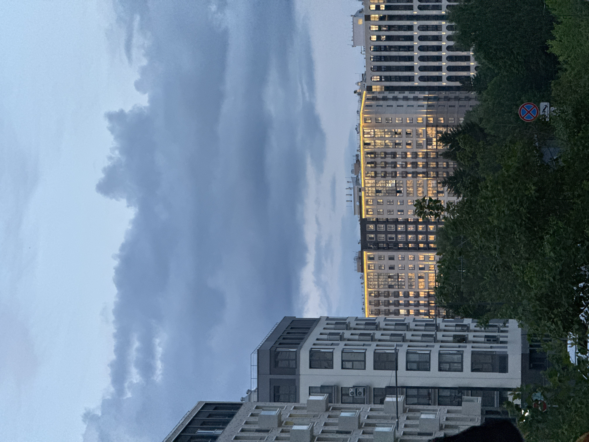 The image depicts an urban scene, likely at dusk, with a focus on buildings and the sky. Three distinct architectural structures are visible: one modern, multi-story building with a light-colored facade and dark window frames, a taller building with many windows that appear to have warm-toned lighting inside, and another building on the right with rounded window arches. Overcast, heavy clouds dominate the sky. A tree is partially obscuring the view of the second building. A no-parking road sign is also visible among the tree branches on the right.
The location is Izhevsk, Russia.