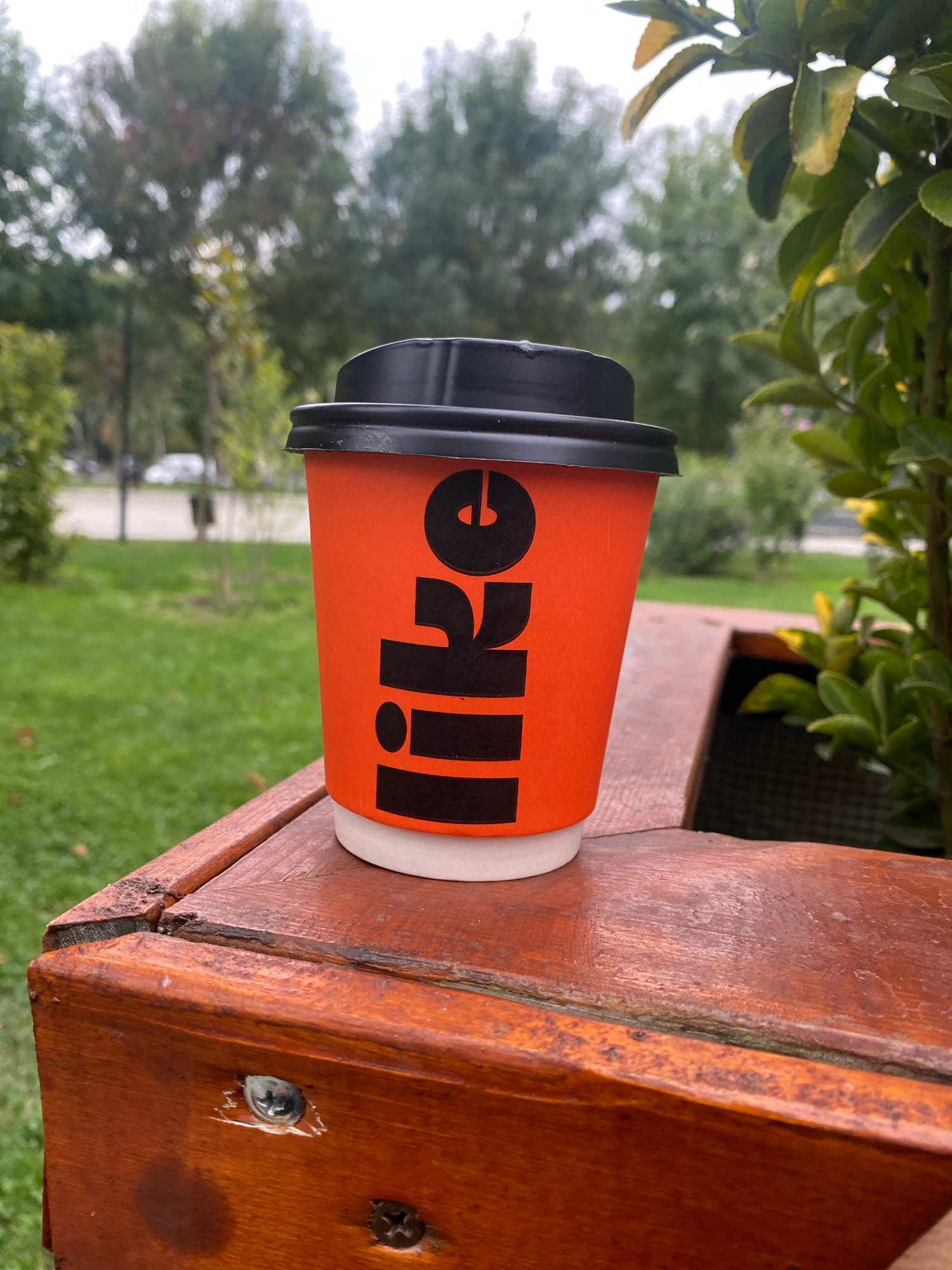 An orange coffee cup with a black lid sits on a weathered wooden surface outdoors. The cup has the black lettering "Libre" on its side. In the background, out of focus, are green trees and grass, suggesting a park or outdoor seating area. The wooden surface shows signs of age and wear, with visible screws and a distressed finish. The overall scene is casual and suggests a moment of relaxation. The location is not specified in the image or provided context.