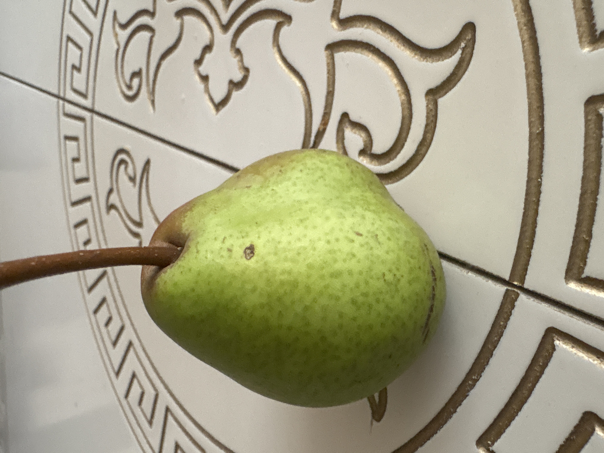 A single green pear with a brown stem is positioned in the center of the frame, resting on a tiled surface. The tiles are white with an embossed, gold-colored geometric and floral pattern. The pear is slightly tilted, with its stem pointing upwards. A small brown spot is visible on the pear's skin. The lighting is natural, casting soft shadows. The image does not contain any information or visual cues that would allow for the determination of its location in Georgiyevsk, Russia.