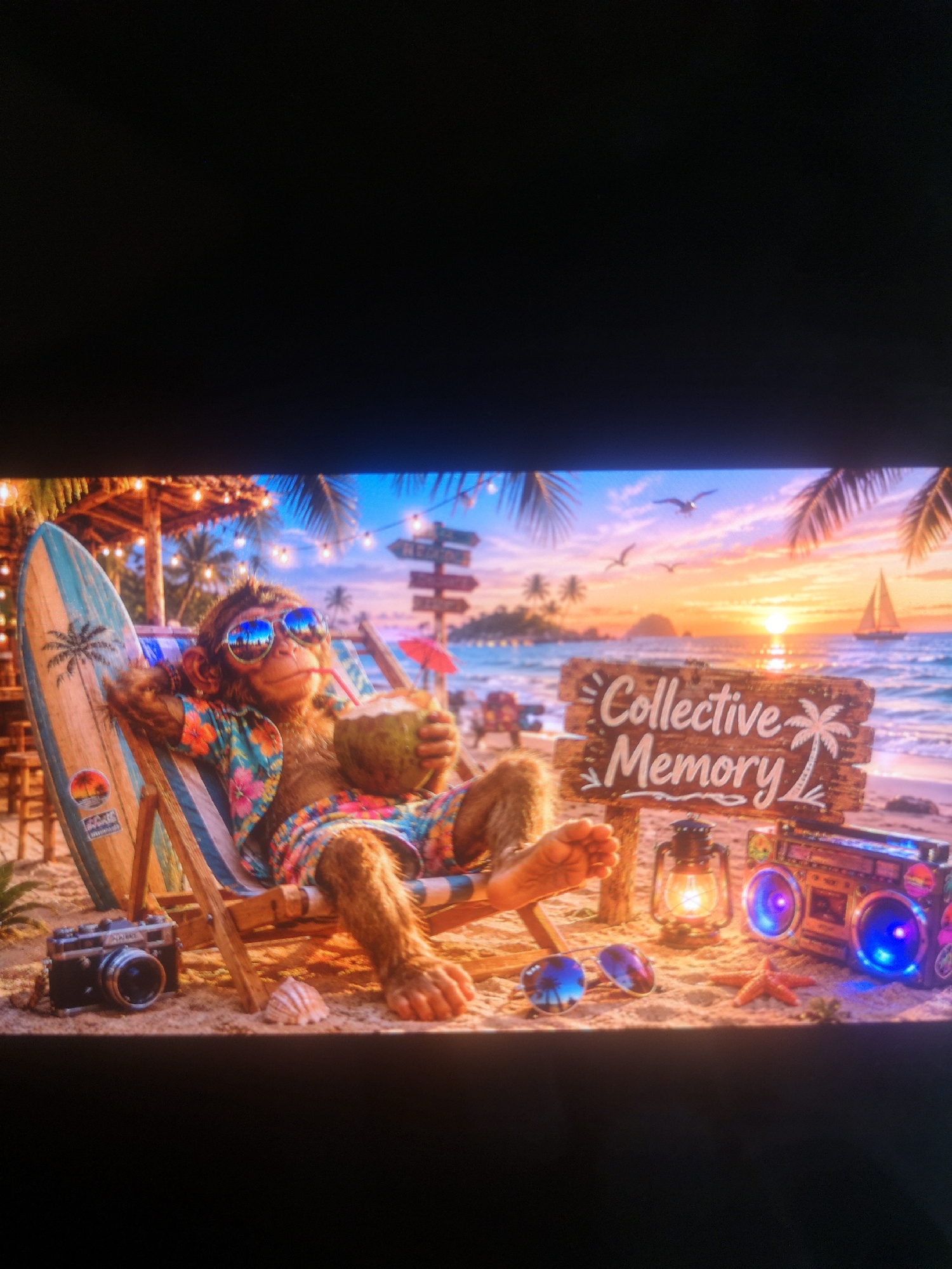 A digitally rendered image depicts a monkey relaxing on a beach. The monkey is seated in a striped beach chair, wearing sunglasses and a floral shirt and shorts. It holds a coconut with a straw. A surfboard stands beside the chair. On the beach near the chair is a vintage camera, a seashell, a pair of sunglasses, and a starfish. A wooden sign reads "Collective Memory". Adjacent to the sign is a vintage-style boombox with glowing speakers and a lantern. The background features a tropical beach scene with palm trees, a sunset, seagulls, and a sailboat in the ocean. There is a signpost with various destination names. The location is a beach in an unnamed city.