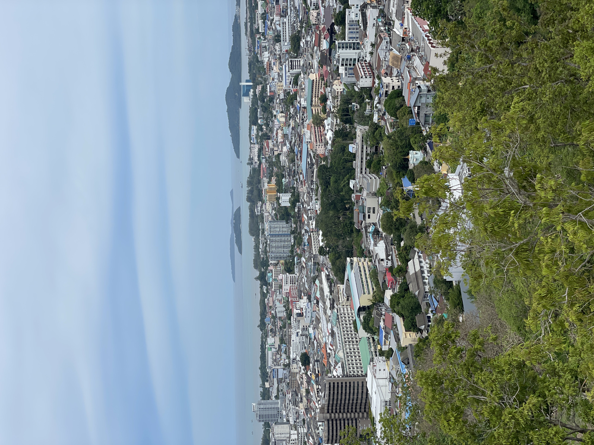 The image captures an elevated, aerial view of Phuket City Municipality, Thailand. The cityscape is densely packed with a mix of residential and commercial buildings, interspersed with patches of green vegetation, likely trees and gardens. The buildings vary in size and architectural style, ranging from low-rise structures to taller high-rise buildings, primarily constructed with a multitude of colors. The coastal area is visible along the left side of the image, featuring calm waters with several small islands in the distance. The sky is overcast, creating diffused lighting across the scene. In the foreground, there is a cluster of leafy trees, slightly blurring the lower right corner of the image. The overall view suggests a densely populated urban area situated near a coastal environment.