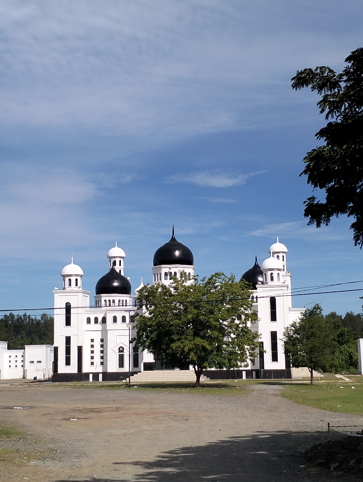 A wide-angle shot shows a white mosque with black domes in Meunasahmesjid, Indonesia, set against a partly cloudy blue sky. The mosque features multiple domes and towers, with a large tree partially obscuring its facade. The foreground is a dirt and gravel lot, transitioning to a grassy area on the right. A tree frames the right side of the image, and a few power lines are visible against the sky. The environment is open and exposed, with the mosque appearing as a prominent structure in the landscape.