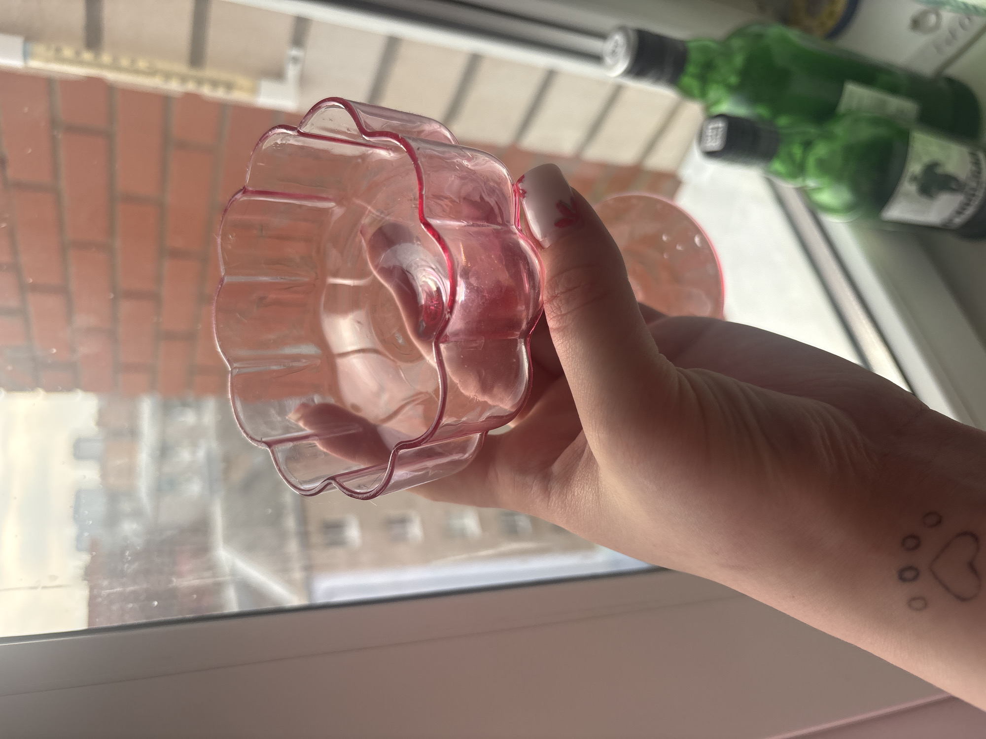 A close-up shot depicts a fair-skinned hand holding a pink, translucent glass dessert dish against a window. The window offers a blurred view of a brick building and other structures, consistent with an urban setting. The tattoo of a paw print can be seen on the wrist of the hand. On the window sill, there are two green glass bottles, presumably wine, lying horizontally. The location is Izhevsk, Russia, as indicated by the surrounding cityscape viewable through the window.