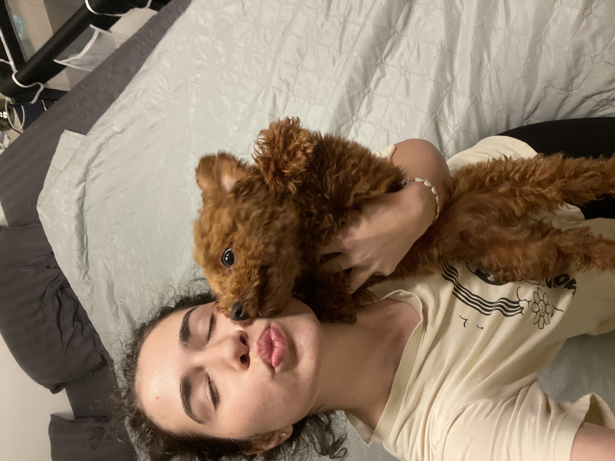 The image shows a young woman and a small, brown, curly-haired dog sharing an affectionate moment while lying on a bed. The woman is positioned on her back, looking upwards towards the camera with her eyes gently closed and her lips pursed in a "kissing" pose. She has dark, curly hair framing her face and distinct eyebrows. A white beaded bracelet adorns her right wrist, which is seen gently supporting the dog. She is wearing a light-colored t-shirt that features a graphic design including the visible text "NO," horizontal stripes, and a stylized flower.
The dog, likely a poodle or doodle, is nestled against the woman's face, with its nose close to her lips, appearing to give a gentle nudge or kiss. Its dark, watchful eyes are visible. The entire scene takes place indoors on a bed covered with a light grey, quilted duvet and a darker grey blanket to the left. The lighting is soft and ambient, creating a relaxed and intimate atmosphere. The overall mood conveyed is one of warmth, love, and playfulness between the two subjects. No specific time of day or outdoor weather conditions are apparent. The location is Sofia, Bulgaria.
