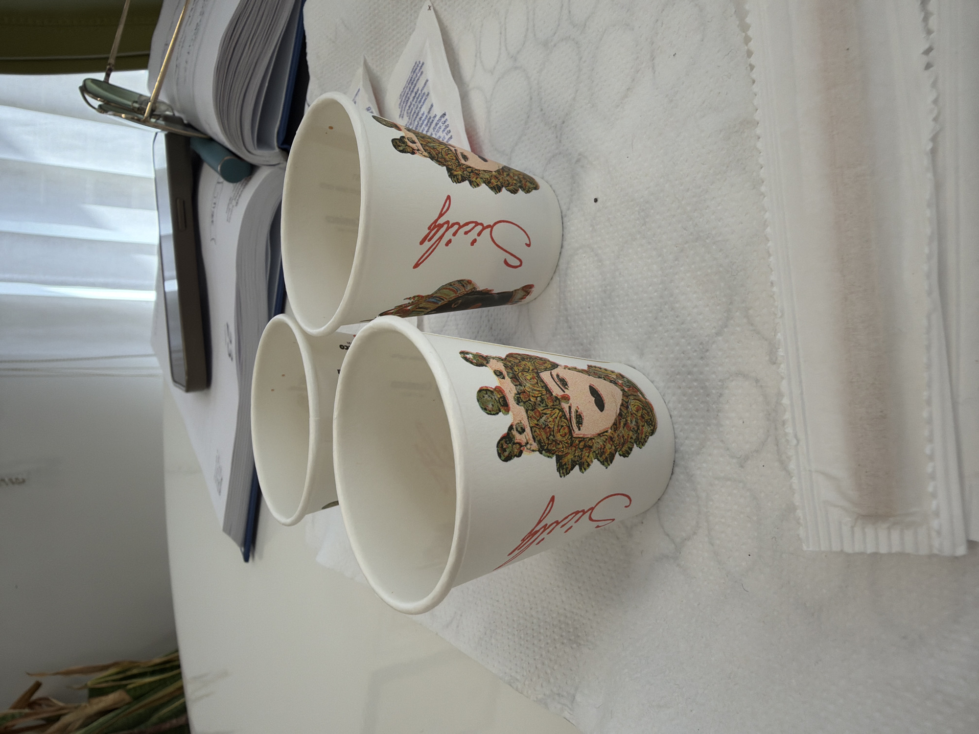 Three disposable white cups, labeled "Sicily" in red script with an image of a woman, sit on a white surface, likely a table, partially covered with paper napkins. A stack of papers or a book with a blue cover is visible behind the cups, along with a pair of glasses. A glimpse of a plant or some other organic material is visible in the lower left corner. The image does not contain any information to confirm the location is in Scordia, Italy.