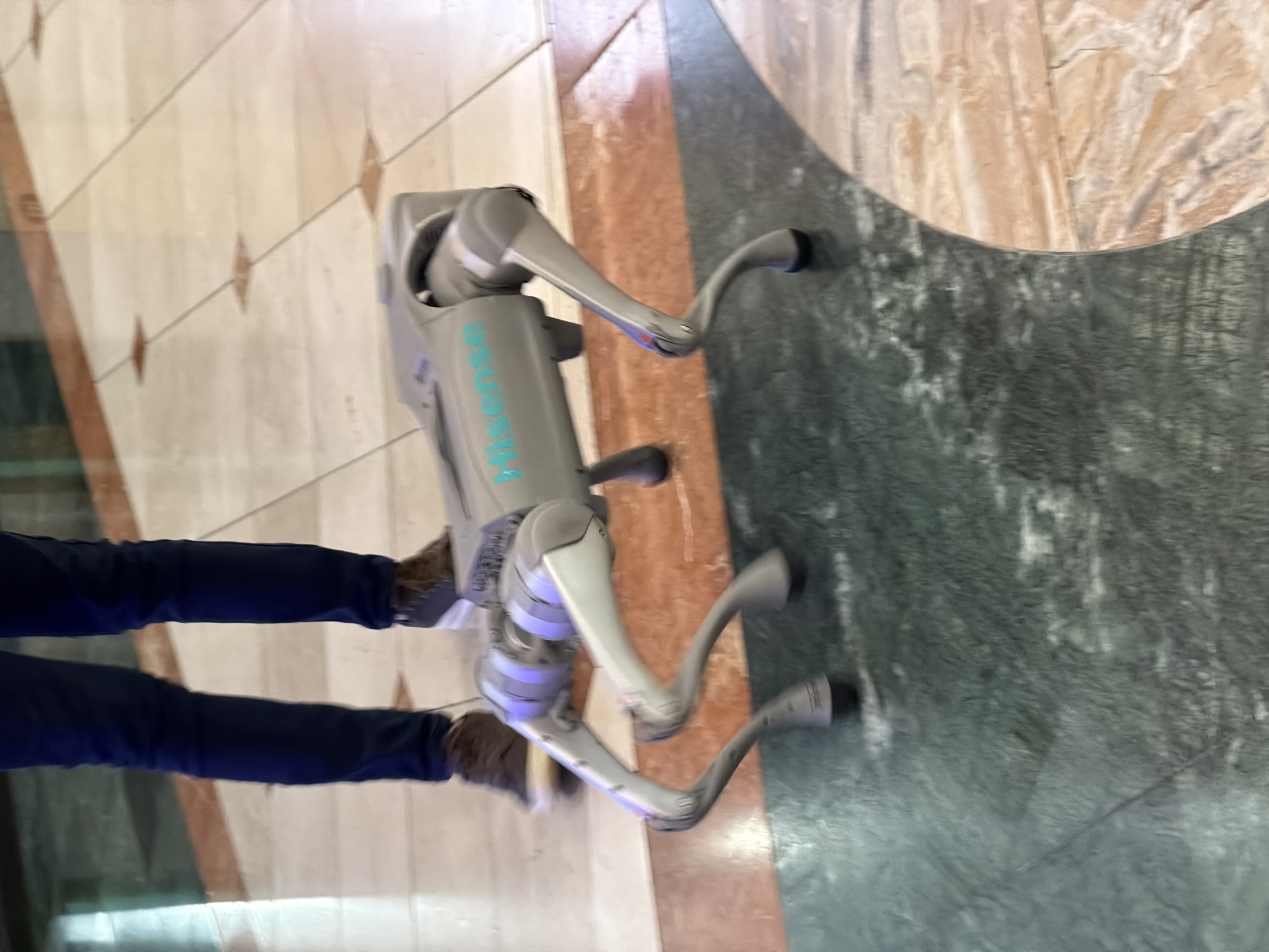 A robot dog, labeled with "Hisense" in large, teal letters, stands on a glossy floor of dark green marble and beige stone tile with terracotta colored accents. The robot is gray with white leg segments and black feet. Partial view of a person in dark blue jeans and beige shoes standing next to the robot. The location is undetermined and there is no definitive information indicating the city of Milnerton, South Africa.