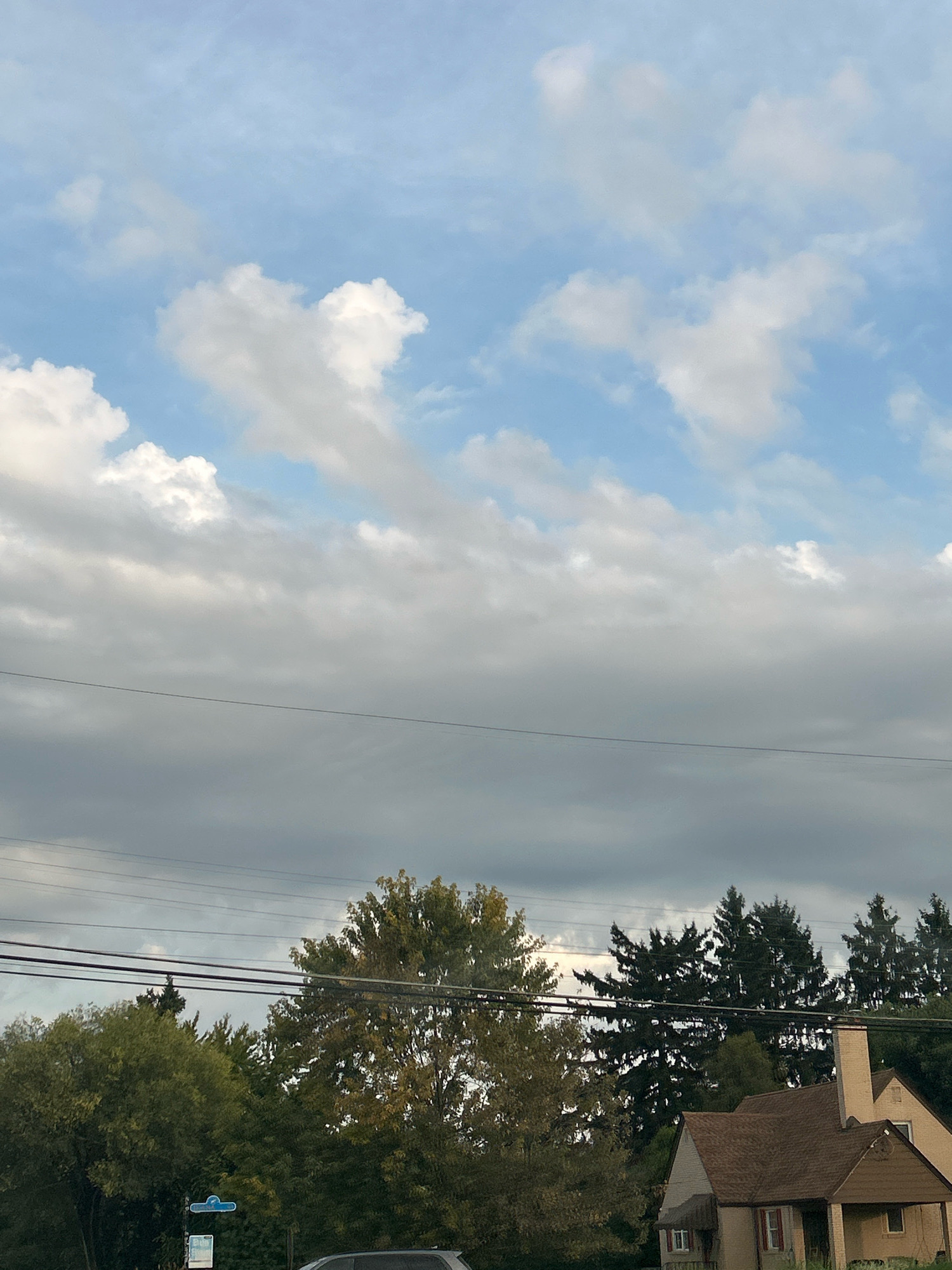 The image captures a suburban scene in Robinson Township, United States of America, under a sky filled with a mix of blue and gray clouds. The upper portion of the frame is dominated by the sky, with scattered white and gray clouds against a pale blue backdrop. Several power lines traverse the middle section of the image horizontally. Below the power lines, a dense line of trees, primarily evergreens and deciduous trees with some autumnal foliage, stretches across the frame. On the right side of the image, a residential house with a brown roof and a brick chimney is partially visible. A small section of a car is present at the bottom left corner of the frame. No people are visible in the image.