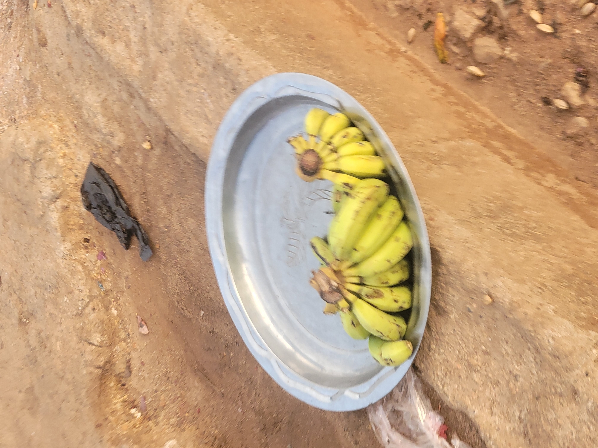 A top-down shot shows a collection of bananas arranged in bunches on a light blue, circular tray. The tray is placed on a surface that appears to be a textured, tan-colored ground, possibly dirt or rough concrete. To the left of the tray, there is a dark object that may be a piece of trash or a dark cloth. In the background, the ground continues, with some scattered debris or small objects, and the edge of a road. The overall setting gives the impression of an outdoor location, possibly a street or sidewalk, in the city of Unknown, Unknown.