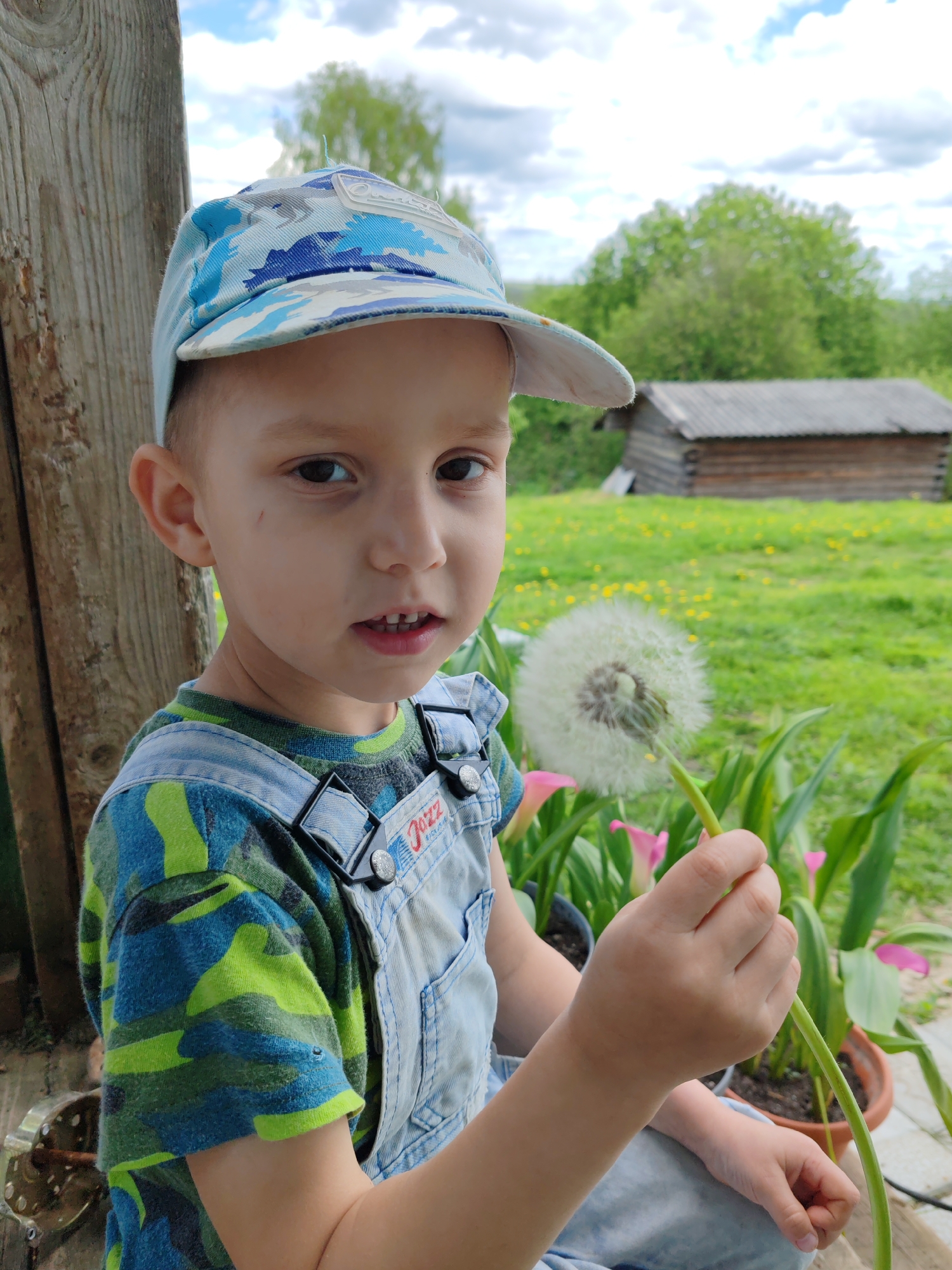 A young boy sits outdoors in a rural setting in Чухлэм, Russia. He wears a blue camo baseball cap, a blue and green camo t-shirt, and light blue denim overalls. He holds a dandelion in his right hand. Behind him, a wooden structure is visible on the left, and a small log cabin is in the distance amidst a green field with yellow flowers. Pink calla lilies in terracotta pots are also present. The sky is partly cloudy.