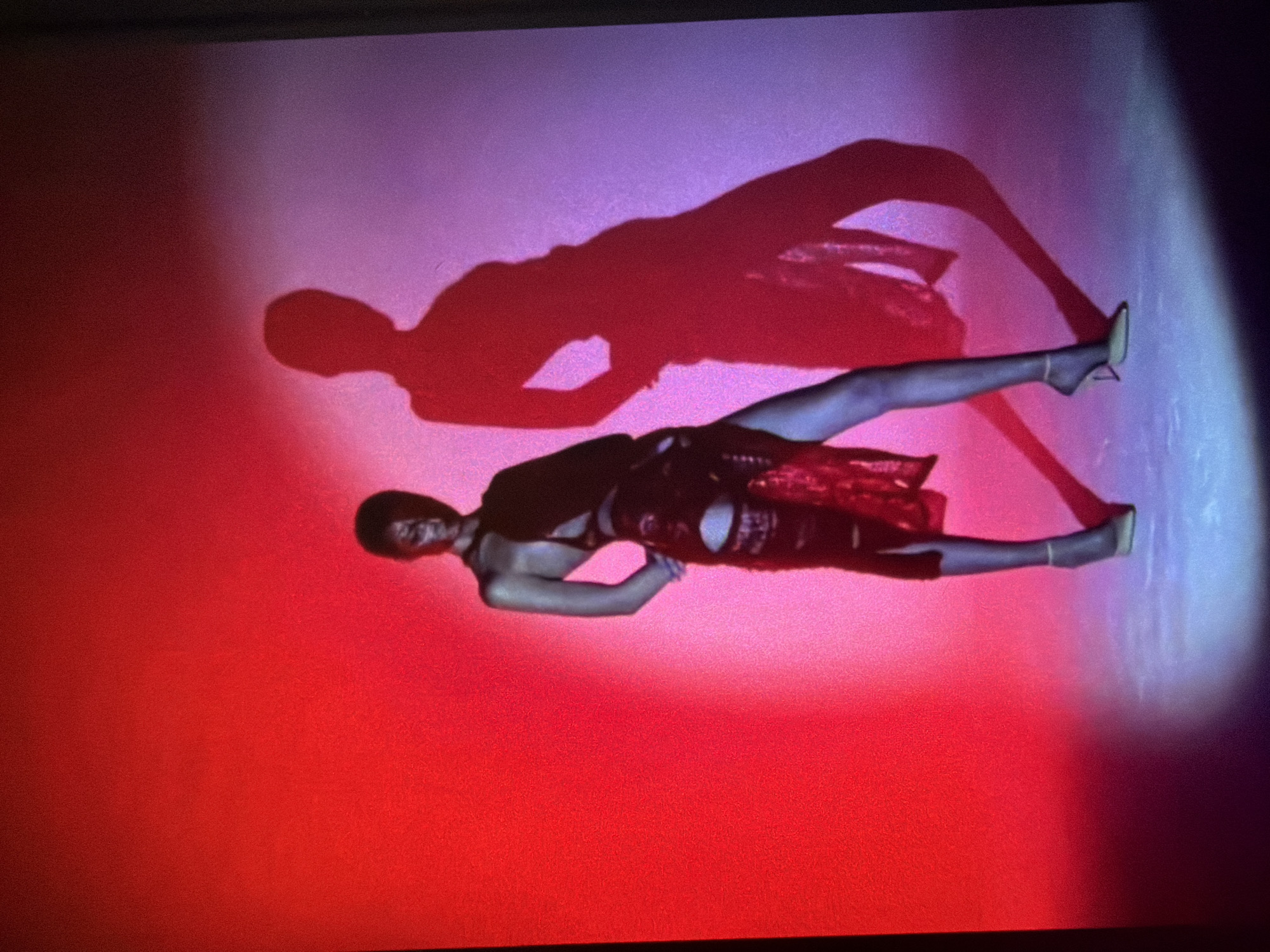 In a dimly lit studio, a person stands against a wall illuminated by red and purple lights, casting a dramatic shadow. The subject, dressed in a dark, revealing outfit with cutouts, has their back partially turned to the camera, with one hand behind their back. The lighting creates a stark contrast between the illuminated foreground and the shadowed background. The image does not provide any information about the city of Sofia, Bulgaria.