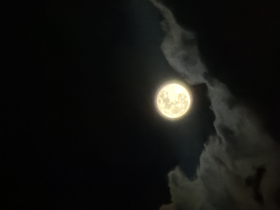 This vertical photograph captures a full, yellowish-white moon in the night sky, reportedly above Tel-Aviv, Israel. The moon, positioned slightly below the vertical center, displays prominent surface features and a luminous halo. It is partially obscured and framed by dark grey, irregularly shaped clouds, particularly from the lower left and right portions of the frame. The sky surrounding the moon and clouds is a deep, uniform black, indicative of nighttime conditions. No individuals, artificial structures, or terrestrial landscapes are visible. There are no discernible actions or interactions depicted within the scene.