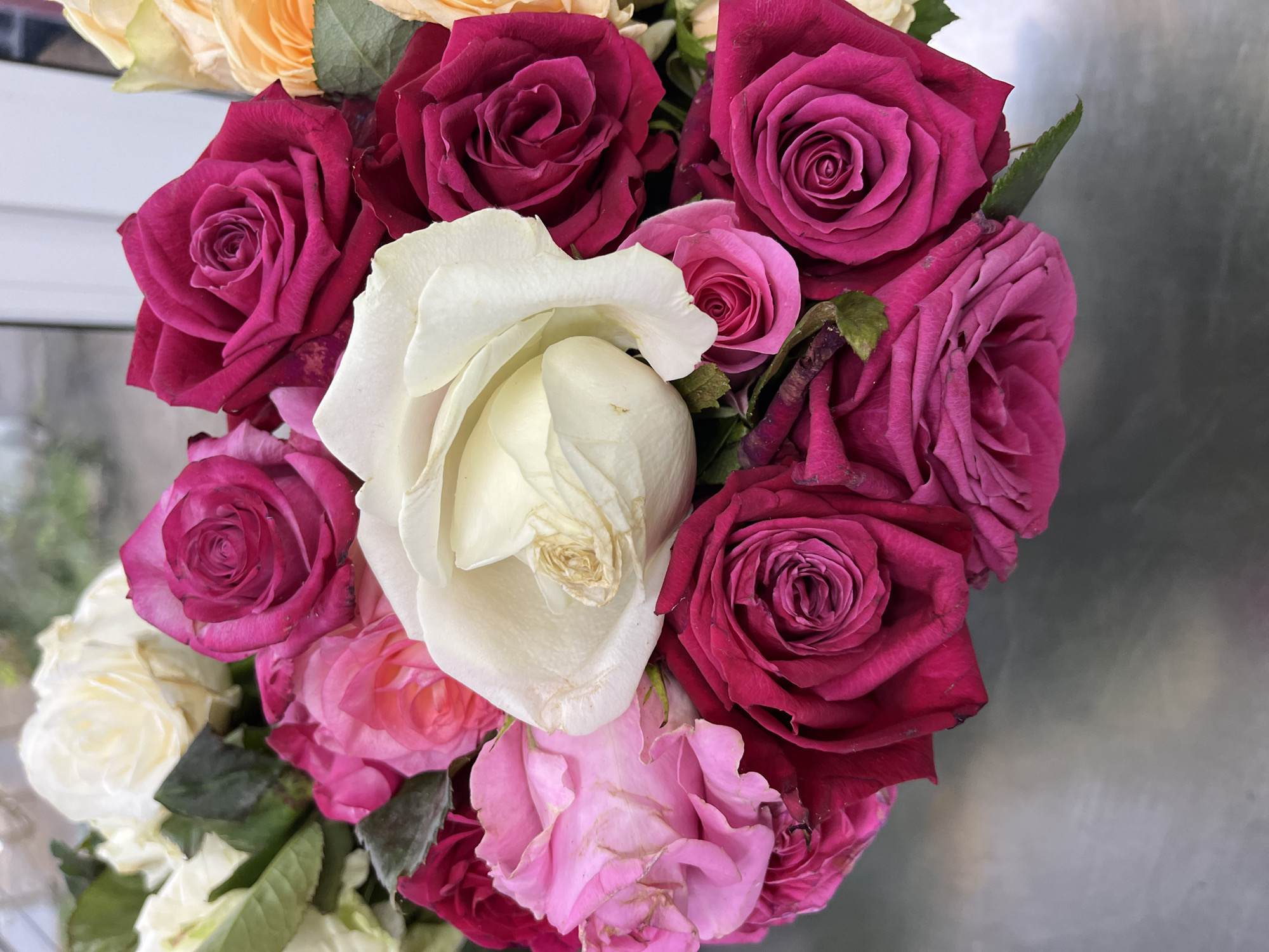 The image displays a close-up view of a diverse bouquet of roses. The dominant colors are deep fuchsia and magenta, interspersed with several white roses and lighter pink blooms. A few pale yellow or cream roses are also visible towards the top left of the arrangement. The flowers are in various stages of bloom; some appear fresh with vibrant, tightly formed petals, while others, particularly the large central white rose and some of the darker pink ones, exhibit signs of wilting or browning on their outer edges. Green leaves and stems are visible between the blossoms.
The background is largely out of focus, featuring a blurred, neutral gray surface on the right side and a lighter, possibly white or windowed area on the left. No people or specific activities are depicted in the frame. The time of day and weather conditions cannot be determined from the image. There is no visible text. The setting appears to be indoors or within a sheltered environment. The provided location context is Sochi, Russia.