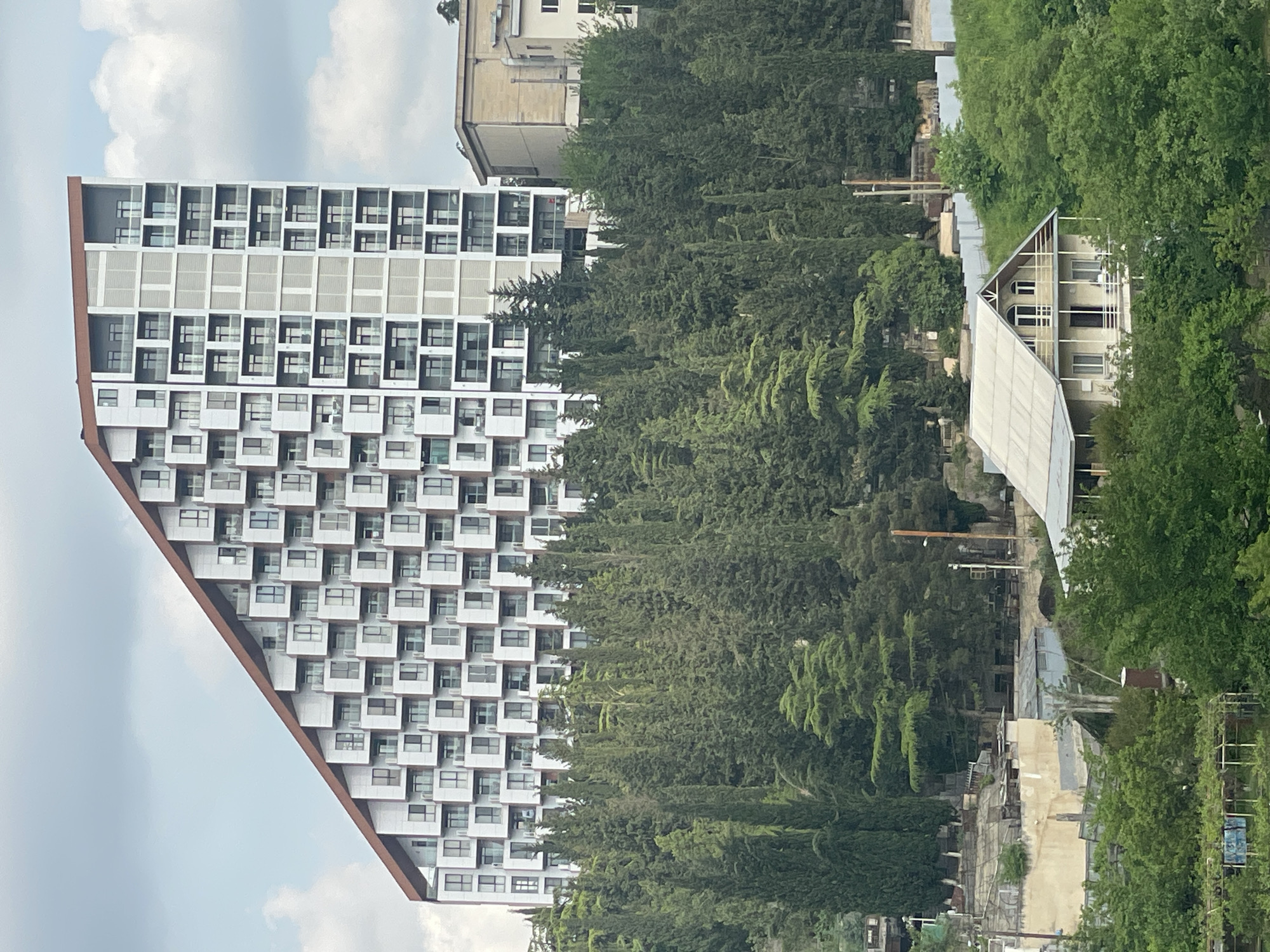The image captures a scene in Tbilisi, Georgia, featuring modern architecture juxtaposed with natural elements. The left side is dominated by a tall, geometrically shaped building with a white facade and a pattern of projecting balconies and windows. A slanted, brown-colored border traces the edge of the building. Behind the building is a dense forest of green trees. In the background, other buildings and structures are visible, partially obscured by trees. The sky is overcast with grey and white clouds. The image suggests an urban environment integrated with nature.