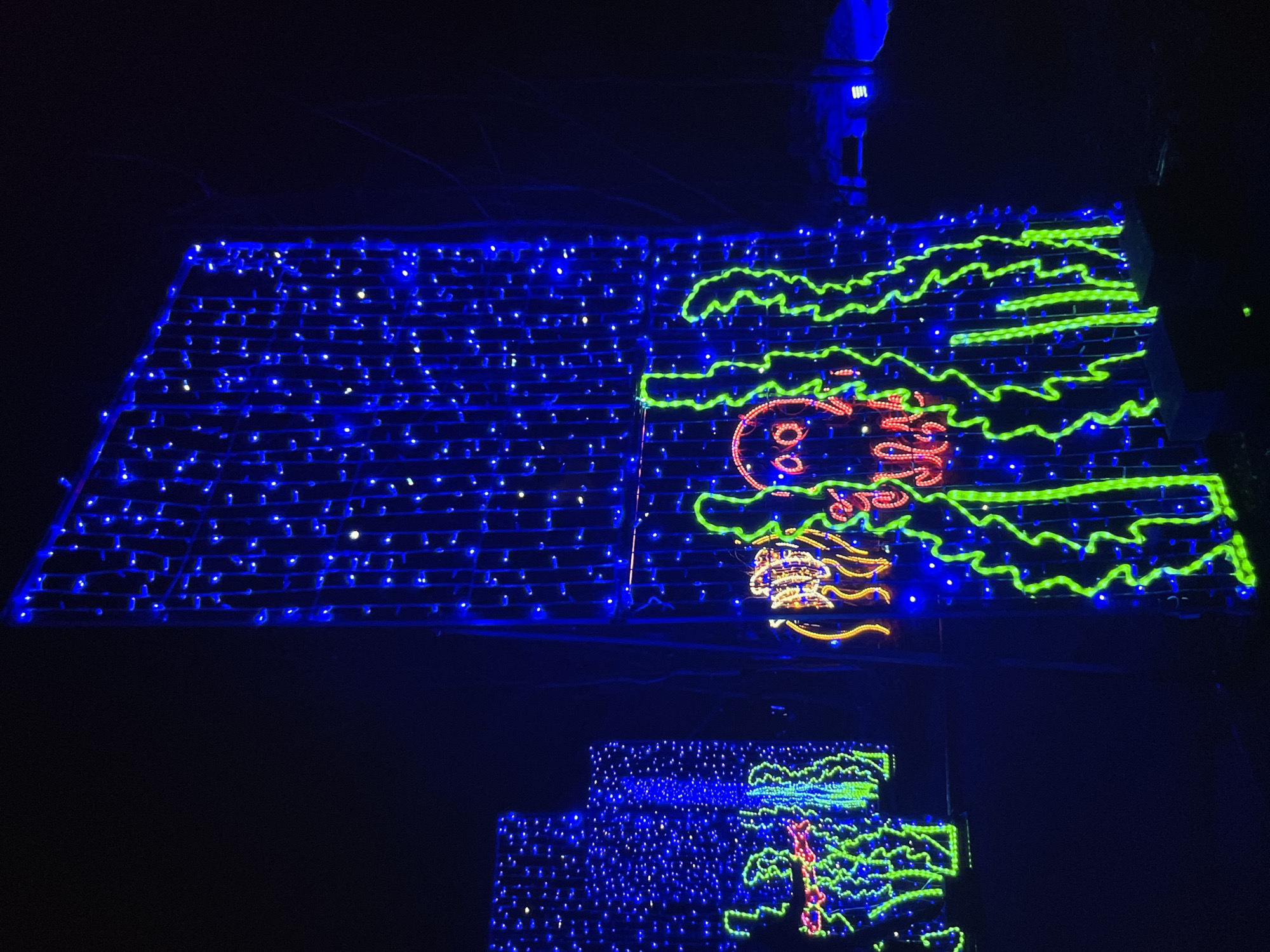 The image shows an illuminated display at night. It appears to be a large, rectangular grid of blue lights with a design on the right side. The design is outlined in green lights and includes an orange-and-yellow figure resembling Snoopy with Woodstock, seemingly flying amongst the clouds. There is a reflection of the display in what seems to be water or a polished surface below. The background is dark, suggesting the location is outside and the scene is illuminated solely by the display lights.