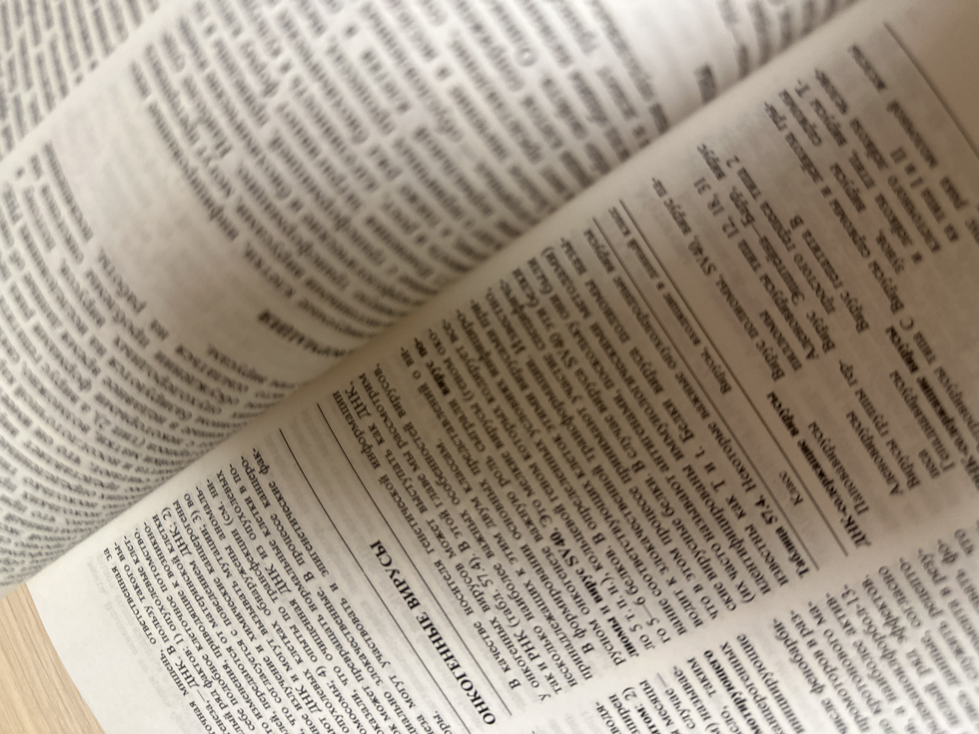The image shows an open book with text in Russian. The text discusses oncogenic viruses. On the left side of the page, there is a list of viruses and their properties. On the right side, there is more detailed information about viruses and their effects. The book is placed on a light-colored surface, possibly a table. There is no indication of the city of Kazan, Russia, or any other geographical location. The image is well-lit, and the text is mostly legible, although some parts are blurred. There are no people or animals visible in the image.