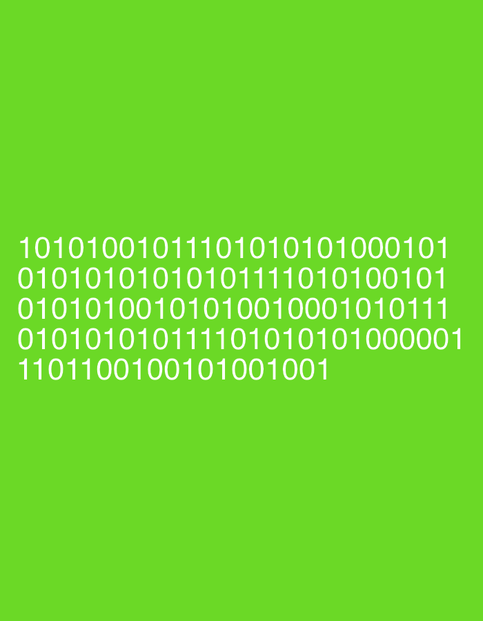 A digital image displays a series of binary code lines on a vibrant green background. The binary code is white and arranged in four horizontal lines. The first line reads: 10101001011101010101000101. The second line reads: 0101010101010111010100101. The third line reads: 01010100101010010001010111. The fourth line reads: 010101010111010101000001. The fifth and final line reads: 1101100100101001001. The image has no discernible connection to any specific city or location.