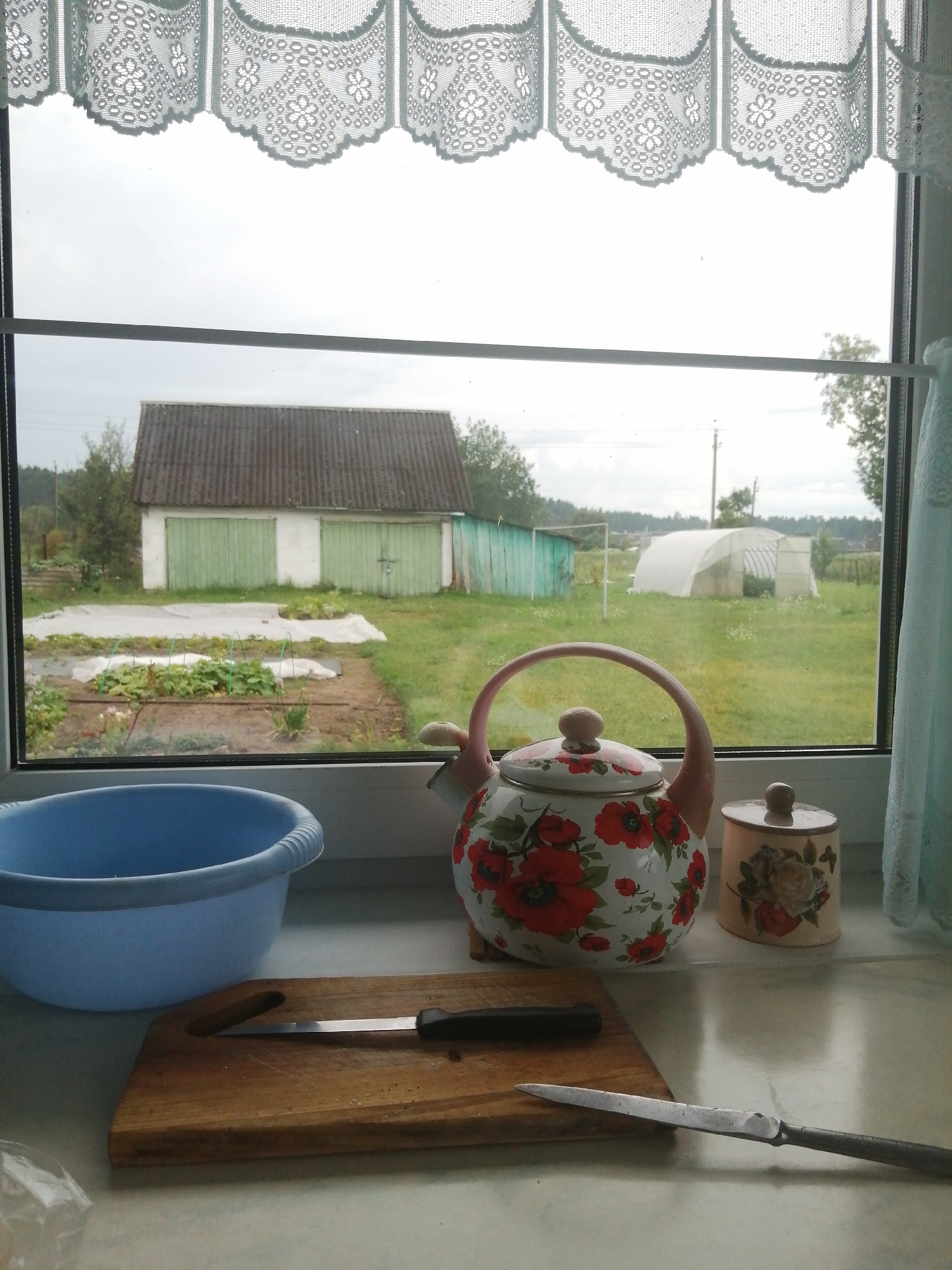 A kitchen window looks out onto a rural landscape. In the foreground, on the windowsill, are a blue plastic basin, a wooden cutting board with a knife, a floral teapot, and a decorative ceramic jar. The window is draped with a white lace curtain. The exterior view includes a garden with plants, a shed, a greenhouse, and trees under an overcast sky. The scene is consistent with a residential property in a rural area such as Slonim, Belarus. There are no people or animals visible in the image.