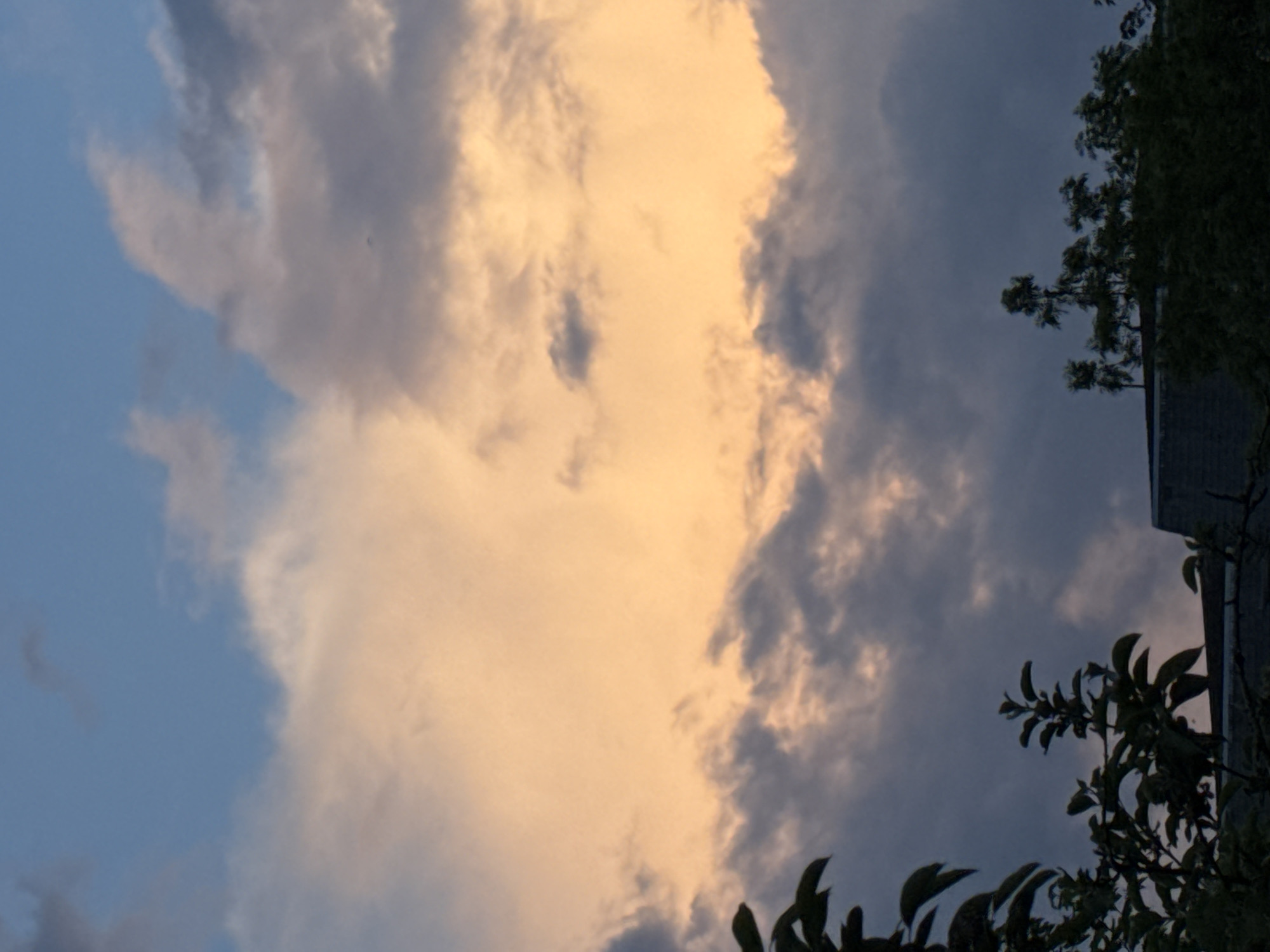 The image shows a sky at dusk in Orsay, France. A large band of clouds runs vertically through the center of the frame, illuminated with a warm, orange-yellow light. To the left of the cloud band is a patch of light blue sky with a few gray clouds. To the right, the sky is darker, with gray clouds. A tree and the corner of a building are visible in the lower right corner. Branches with leaves also appear in the lower portion of the frame.