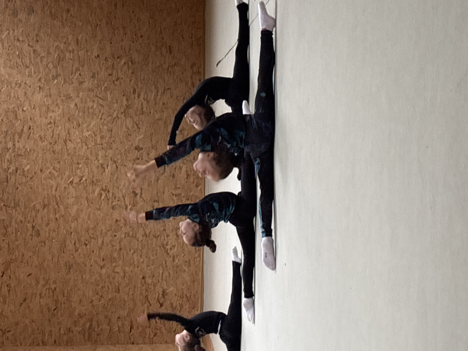 Four young females are depicted indoors, performing a synchronized stretching or posing exercise. The location in the city of Sofia, Bulgaria, is not discernible from the image content. The subjects are arranged horizontally across the frame, each in a front split position on a light grey mat floor. Their backs are arched, and their heads are tilted upward. Their arms are extended vertically overhead with open hands. The leftmost subject wears a black long-sleeved outfit. The two central subjects wear teal and black patterned long-sleeved tops with black leggings featuring teal stripes. The rightmost visible subject wears a black long-sleeved outfit. All four wear white socks. The background consists of a wall constructed from light-toned, possibly Oriented Strand Board (OSB) or plywood, panels with visible wood grain.