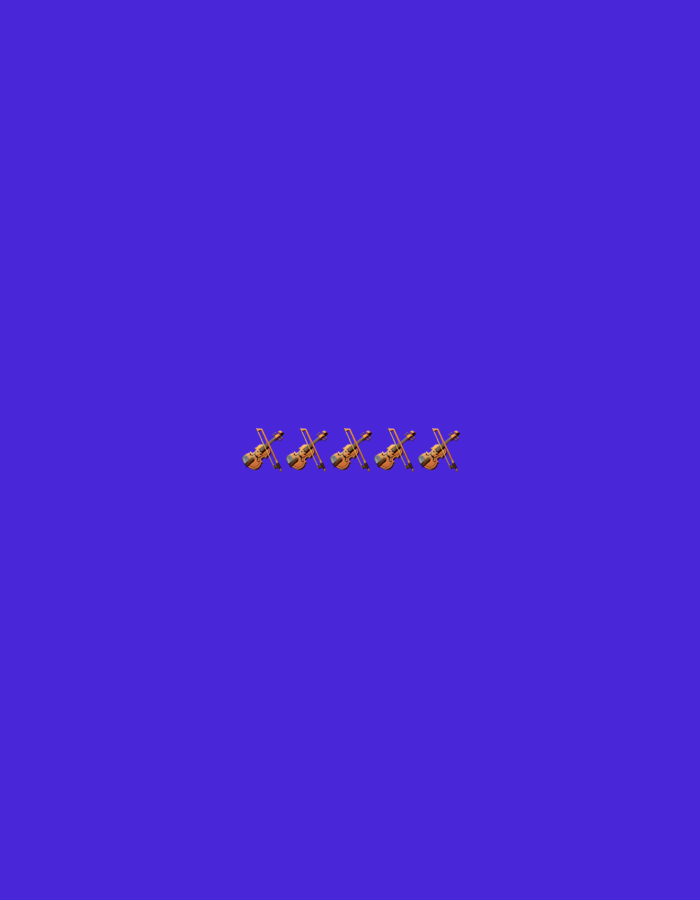 A row of five violins is centered on a plain purple background. The violins are depicted as 3D emojis, with a warm brown body and a dark brown neck and scroll. Each violin has a bow resting across its strings. The violins are evenly spaced, forming a horizontal line that runs across the lower middle portion of the image. The background is a solid, vibrant purple.