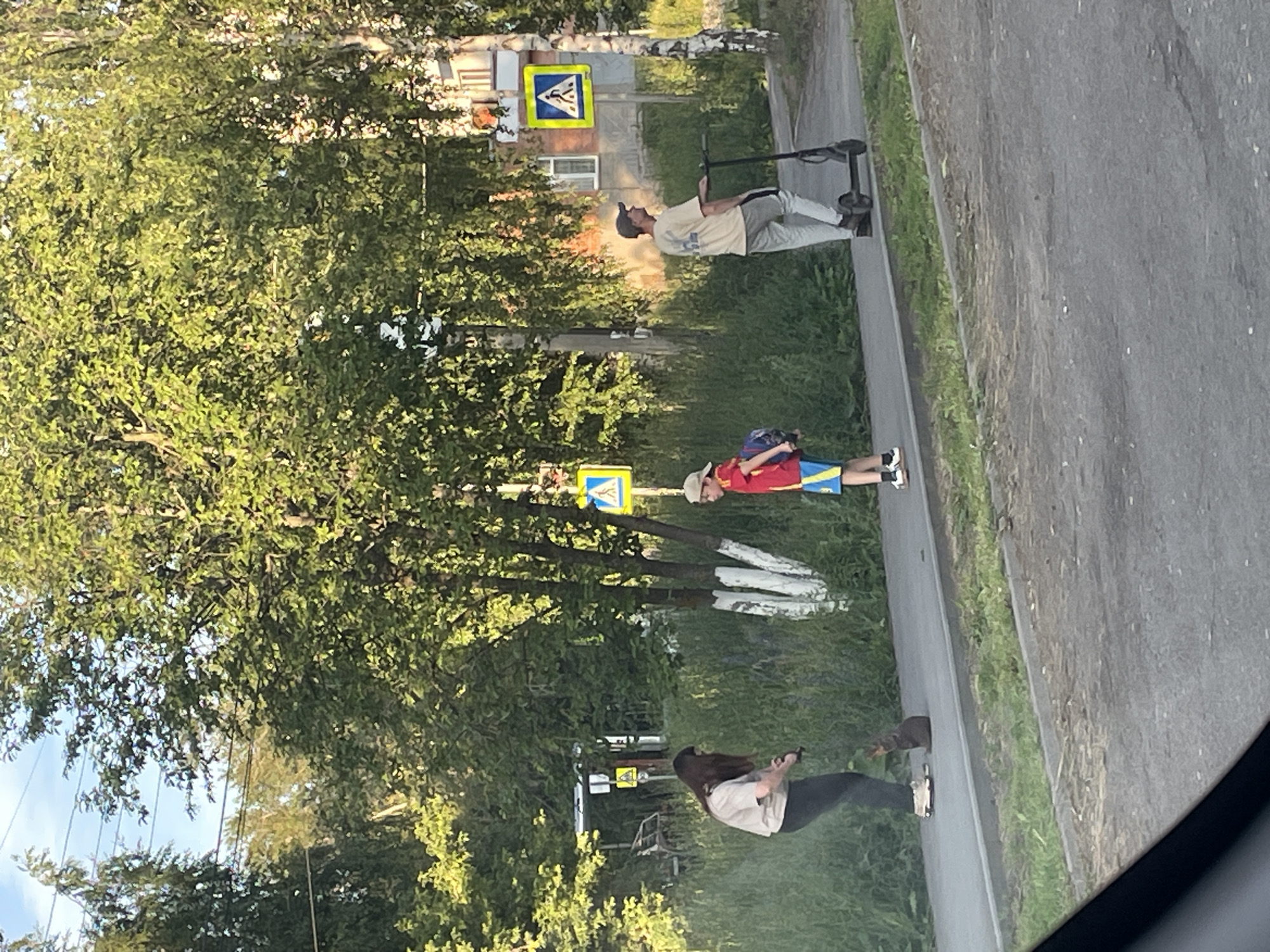 This image, taken in the city of Votkinsk, Russia, depicts a residential street scene on a sunny day. In the foreground, a paved road is visible, with a grassy verge separating it from a sidewalk.
On the sidewalk, three individuals are present. To the left, a person wearing a light-colored t-shirt and dark leggings is bent over, seemingly interacting with a small, dark-colored cat sitting on the sidewalk. The person appears to be holding something in their right hand.
Further down the sidewalk, a child wearing a red t-shirt, blue shorts, and a baseball cap stands facing left. The child has a backpack with a blue and red pattern slung over their right shoulder.
To the right, a man in a light-colored t-shirt and grey pants is riding a black kick scooter. He is looking to his right, away from the camera.
The background features a sidewalk, a dense line of green grass and vegetation, and several trees with lush green foliage. Several yellow pedestrian crossing signs with a blue border and white pedestrian icons are visible, along with a building with windows in the background. Overhead, power lines crisscross the sky. The overall impression is a casual, everyday scene in a suburban or residential area.