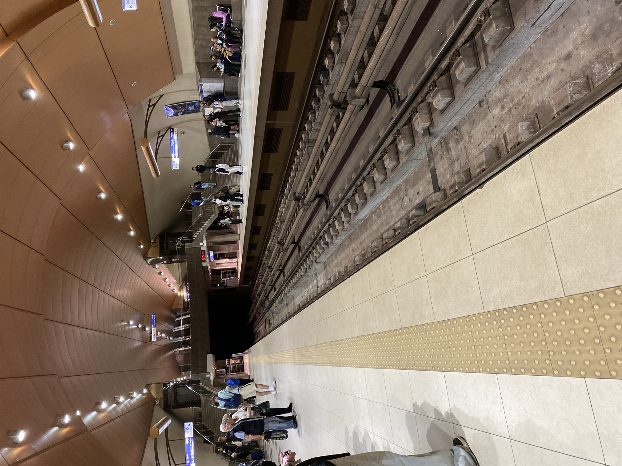 The image captures a modern underground metro station in Sofia, Bulgaria, oriented vertically. The scene shows a platform on the right side, adjacent to a set of train tracks, and a multi-level concourse with stairs on the left.
Numerous people are visible throughout the station. On the platform, several individuals and small groups stand or sit, waiting for a train. One person in a light blue jacket and white shoes is prominently featured on the platform. Other individuals are seen on the stairs, either ascending or descending, or gathered on the upper concourse levels.
The station's architecture features smooth, curved, light-brown panels on the ceiling and walls on the left side, illuminated by rows of recessed spotlights. The platform floor is made of light-colored tiles, with a yellow tactile paving strip running parallel to the tracks, providing guidance for the visually impaired. The train tracks are made of weathered concrete sleepers and metal rails, appearing dark and heavily used.
Notable details include several blue informational signs with white arrows and icons, indicating directions or services like accessibility. A digital clock, partially visible in one area, displays "12:51". The station is well-lit, creating an atmosphere of calm transit. The activity is primarily people waiting or moving through the station.