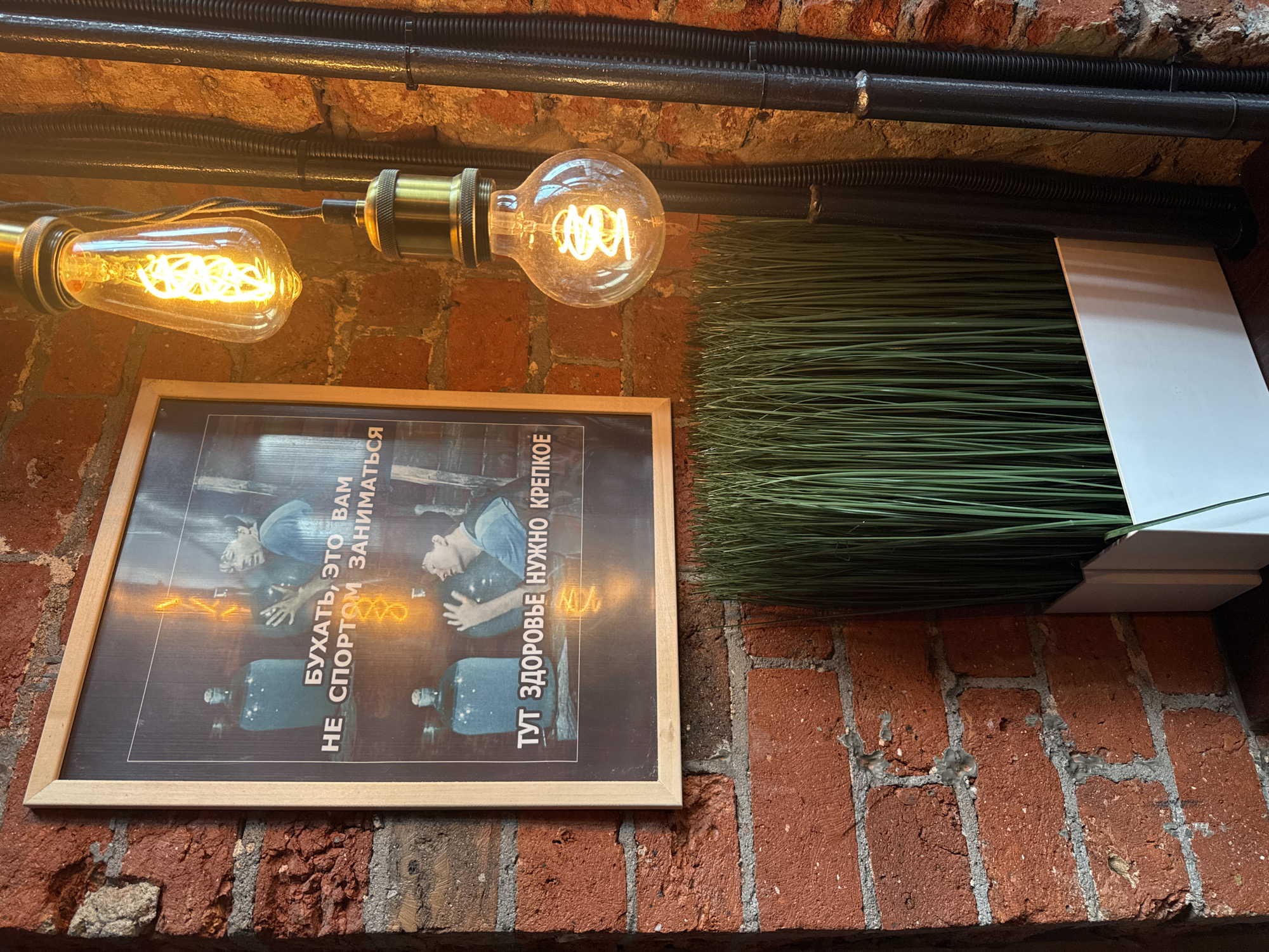 A close-up shot reveals an interior brick wall. Two Edison-style light bulbs, one teardrop-shaped and the other round, hang from a black metal pipe running along the top of the wall. Below the lights, a framed vintage poster with a Russian text is mounted on the wall. Adjacent to the poster, artificial green grass is placed in a white rectangular container attached to the brick wall. The context suggests that this scene is located inside a building in Moscow, Russia.
