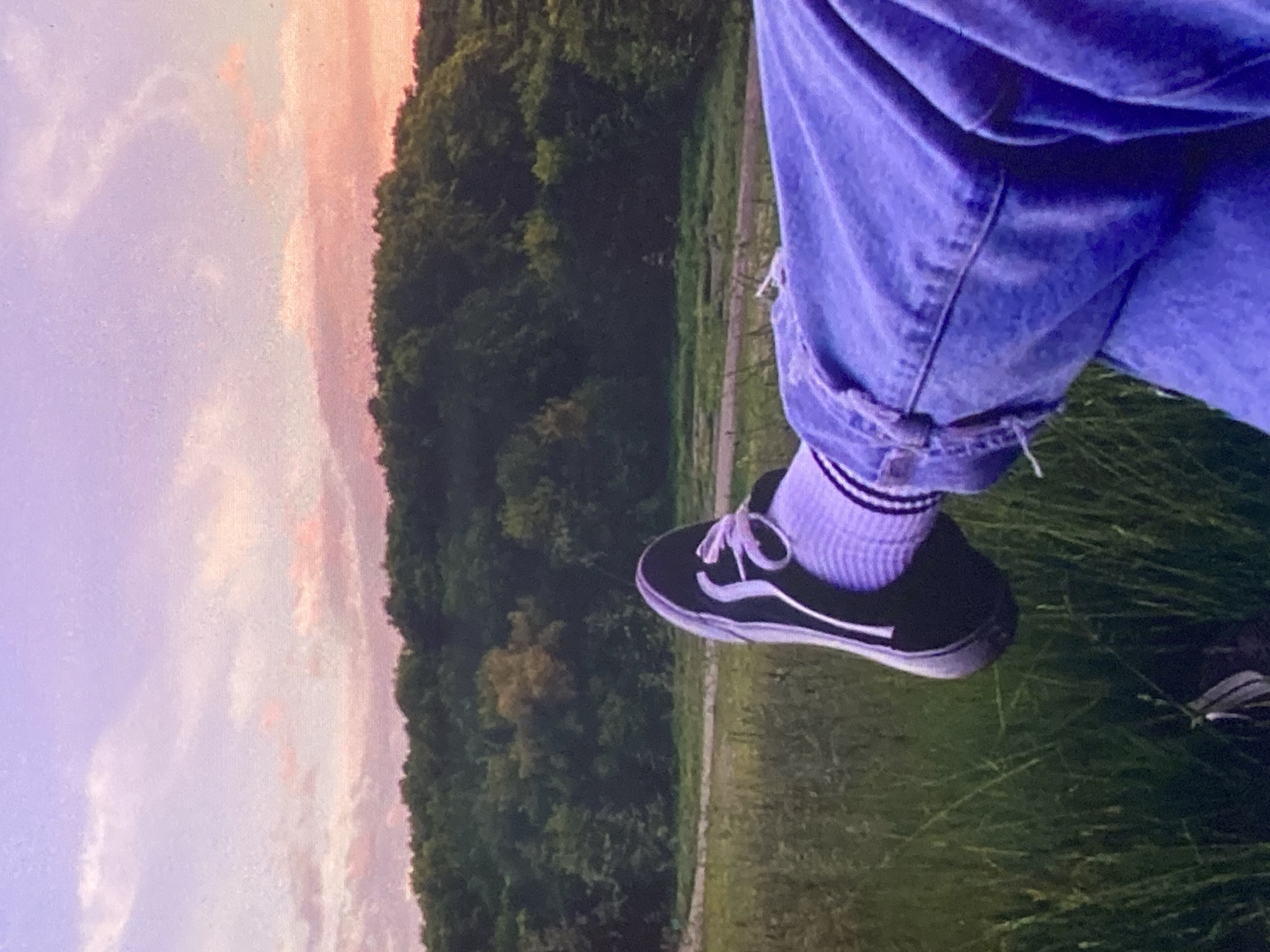 The image shows a close-up of a person's legs, wearing blue jeans and black Vans sneakers with white laces, and white socks with purple stripes, resting in tall green grass. The background features a dense green forest with a path winding through it, and a sky with soft pink and purple clouds during sunset. There is no visible indication of the city of Ustyvytsia, Ukraine in the image.