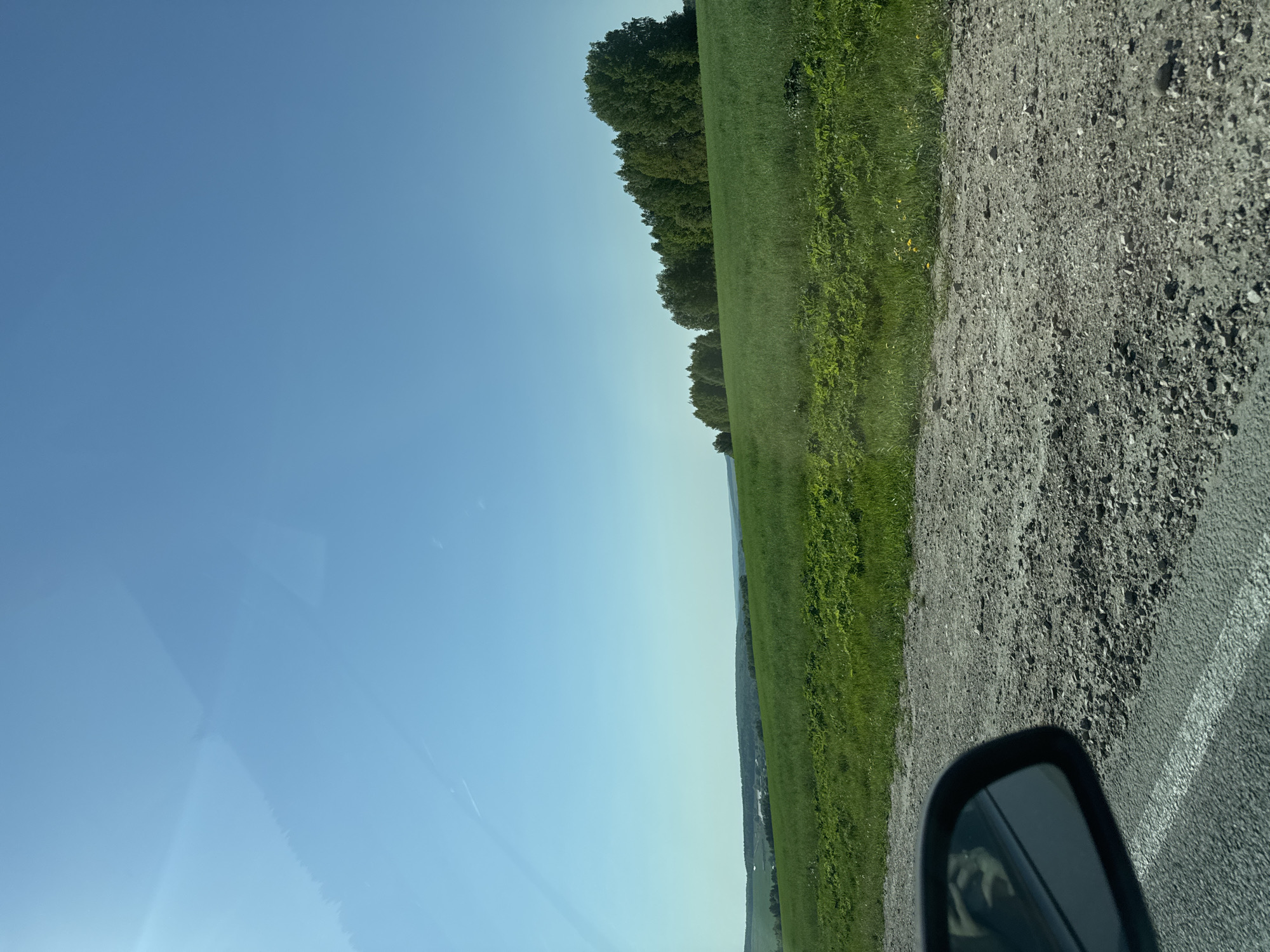The image depicts a view from a vehicle traveling on a paved road. To the right, there's a shoulder covered in gravel and larger stones. Beyond the shoulder is a green field or grassy area bordered by a line of trees. The sky is a clear light blue. A portion of a side-view mirror is visible in the lower right corner of the image. It is not possible to confirm the location in Шумиха, Russia, from the image provided.
