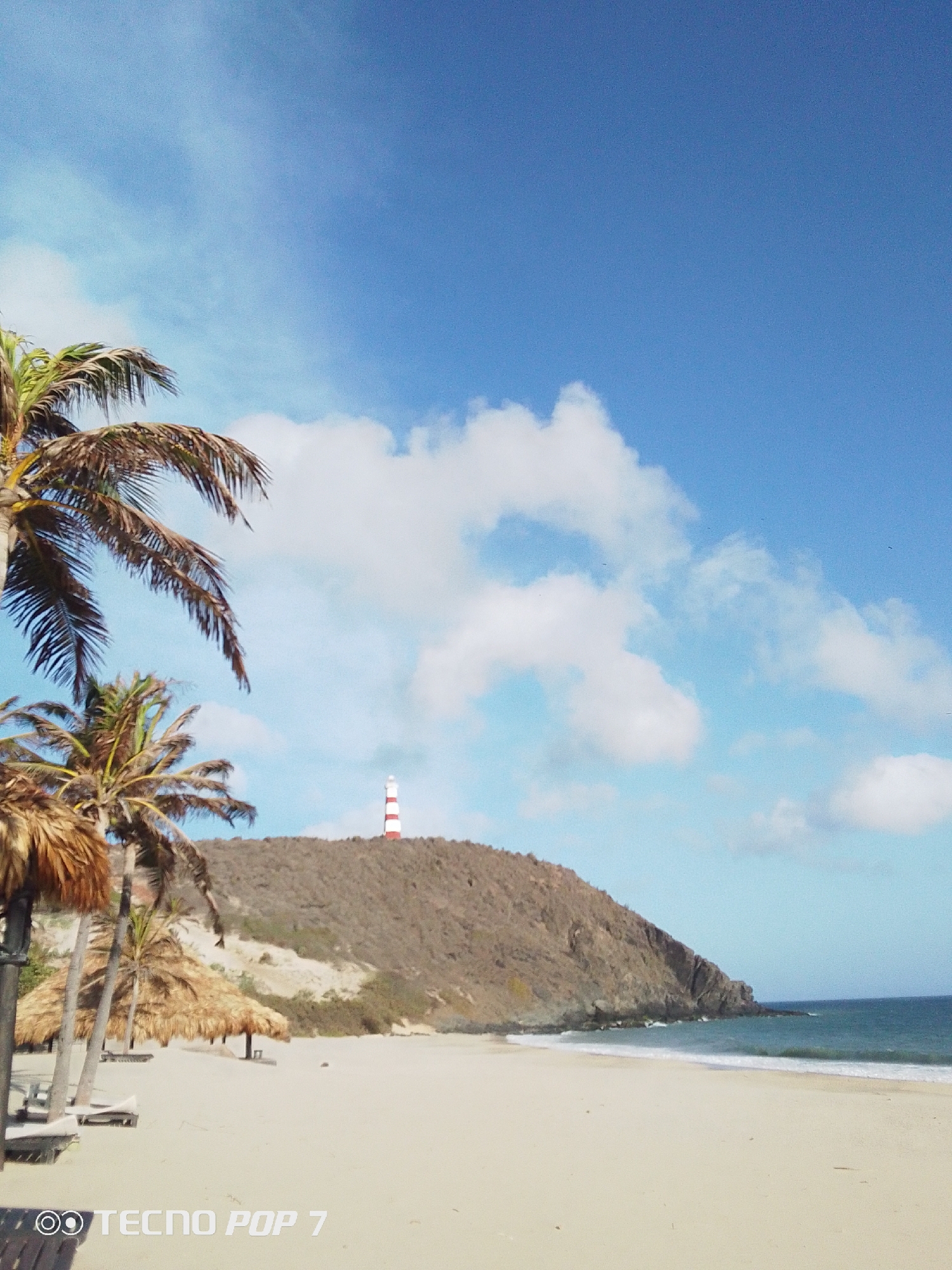 The image depicts a beach in Pedro González, Venezuela, with a sandy shore, turquoise water, and a headland rising in the background. A red and white striped lighthouse stands atop the headland. Several palm trees are visible to the left of the frame, along with thatched-roof sunshades and beach chairs on the sand. The sky is blue with scattered white clouds. The image exhibits a wide-angle perspective.