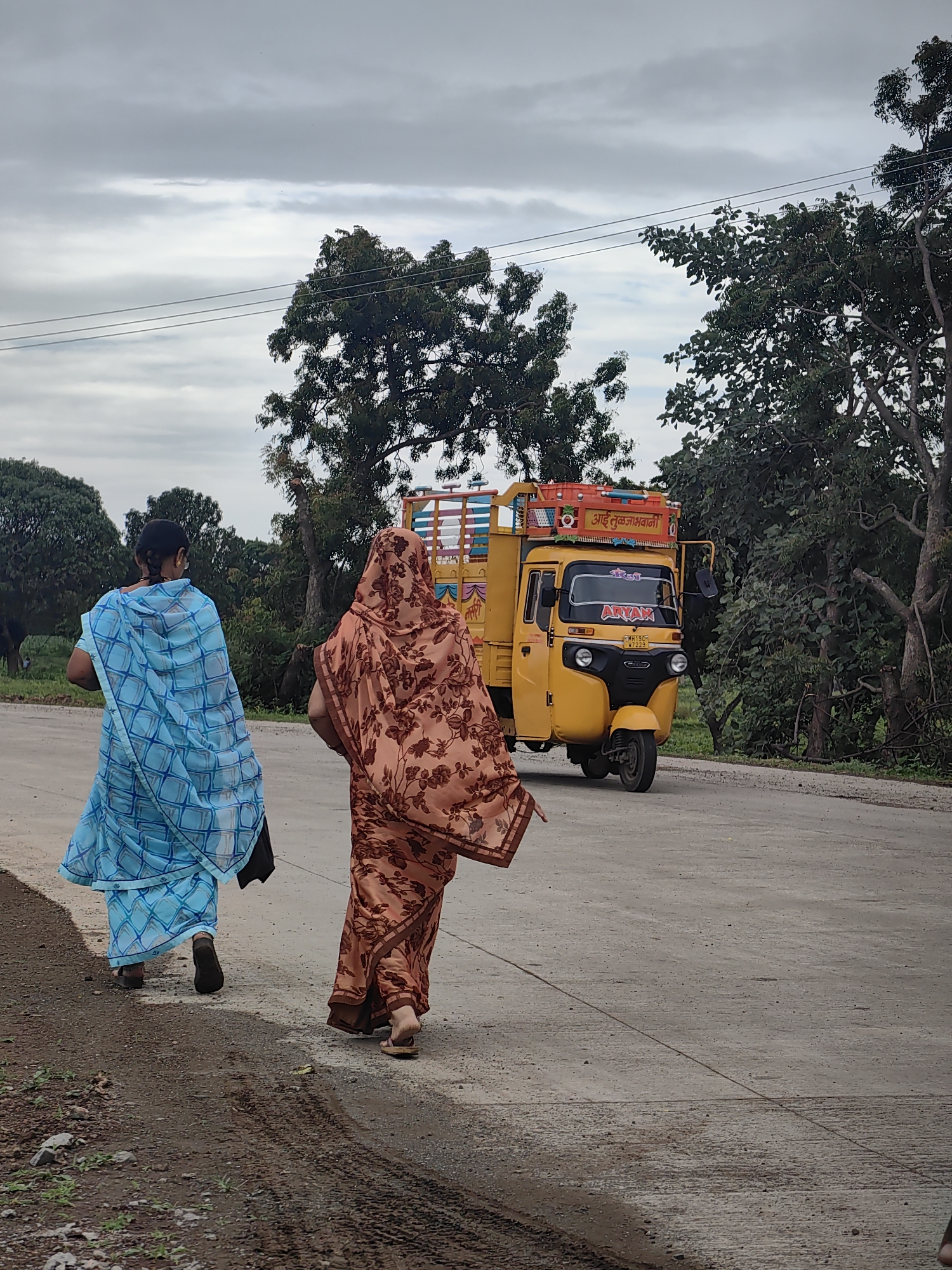 In Walsawangi, India, two women walk along a paved road next to a grassy shoulder. The woman on the left wears a blue and white patterned sari and walks on the road. The woman on the right wears a peach-colored sari with a brown floral pattern and walks on the road. Behind the women, a yellow auto-rickshaw with a covered cargo area is driving on the road. The auto-rickshaw has text on its front and sides. Trees line the right side of the road, and a cloudy sky is visible above.