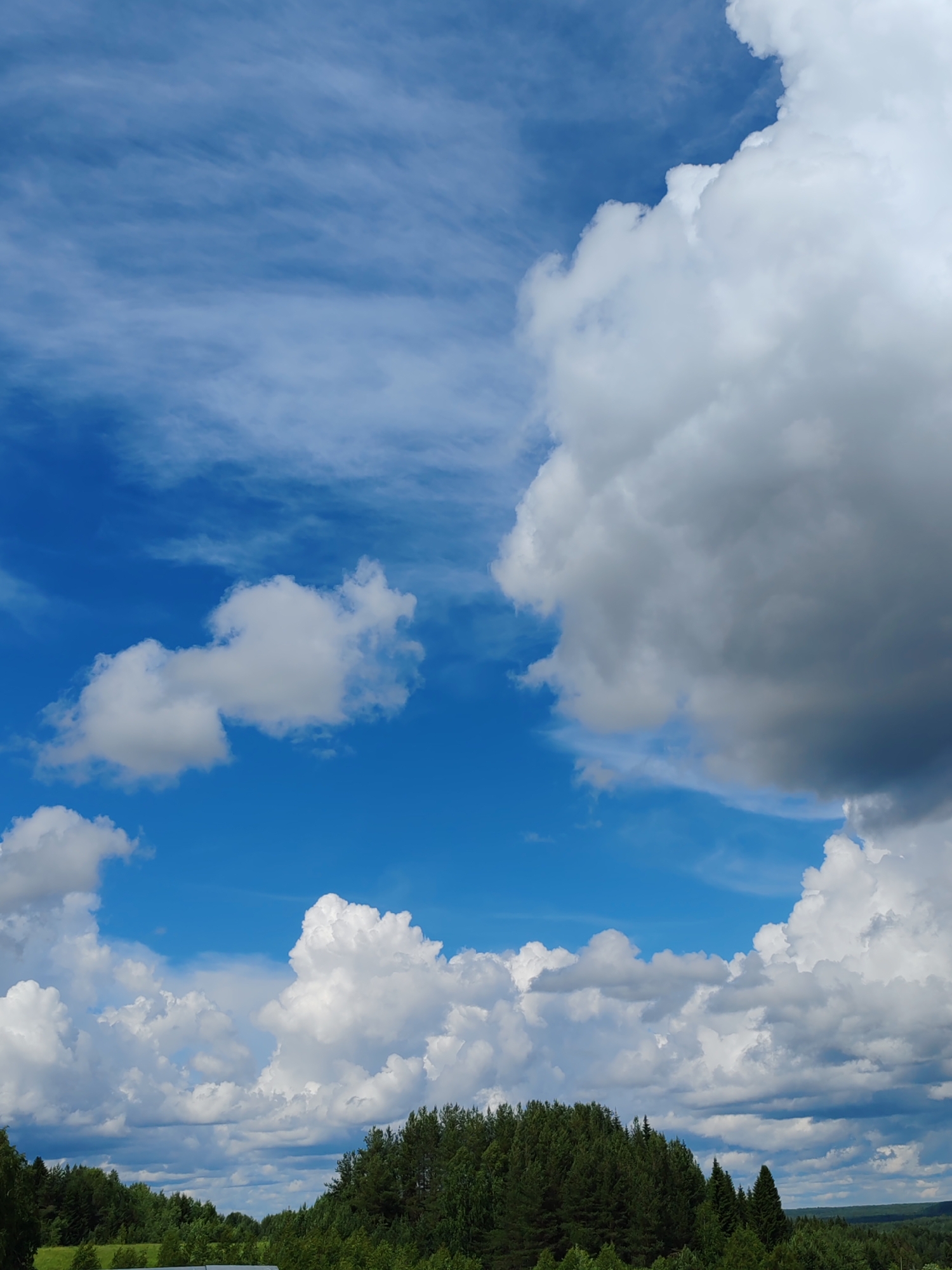 The image shows a wide, expansive blue sky filled with various types of clouds. On the right side of the frame, a large, voluminous white cloud dominates, with darker grey undertones suggesting depth and potential rain. Scattered across the sky are smaller, puffy white cumulus clouds. In the distance, a dense line of green trees forms a horizon, suggesting a rural or forested area. The overall impression is of a bright, possibly warm day with dynamic cloud formations. The location in Чухлэм, Russia is not visually represented in the image; the scene is a natural landscape.