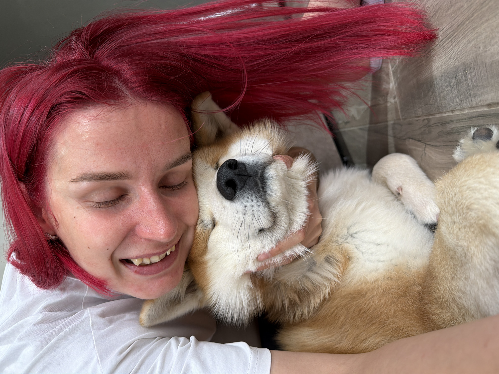 The image captures a heartwarming moment between a person and a dog, likely in a home setting in Chaikovsky, Russia. The main subjects are a young adult with vibrant, bright red hair and a dog that appears to be a Corgi, characterized by its light brown and white fur.
Both the person and the dog are lying down, with the person affectionately embracing the dog. The person's eyes are closed in apparent bliss, and a wide, joyful smile reveals their teeth. They are wearing a simple white t-shirt, and their striking red hair is fanned out around their head. A small earring is visible in their right ear.
The dog is nestled closely against the person's face and neck, with its eyes also closed, conveying a sense of peace and contentment. One of the person's hands gently cradles the dog's chin, emphasizing the close bond. The dog's characteristic black nose and some of its tucked-in paws are visible.
The setting appears to be indoors, with a light grey, wood-planked floor visible in the background, suggesting a comfortable and casual environment. The lighting is soft and natural, enhancing the tender and intimate mood of the scene. The overall emotion conveyed is one of deep affection, happiness, and mutual comfort between the person and their pet. There is no visible text in the image.