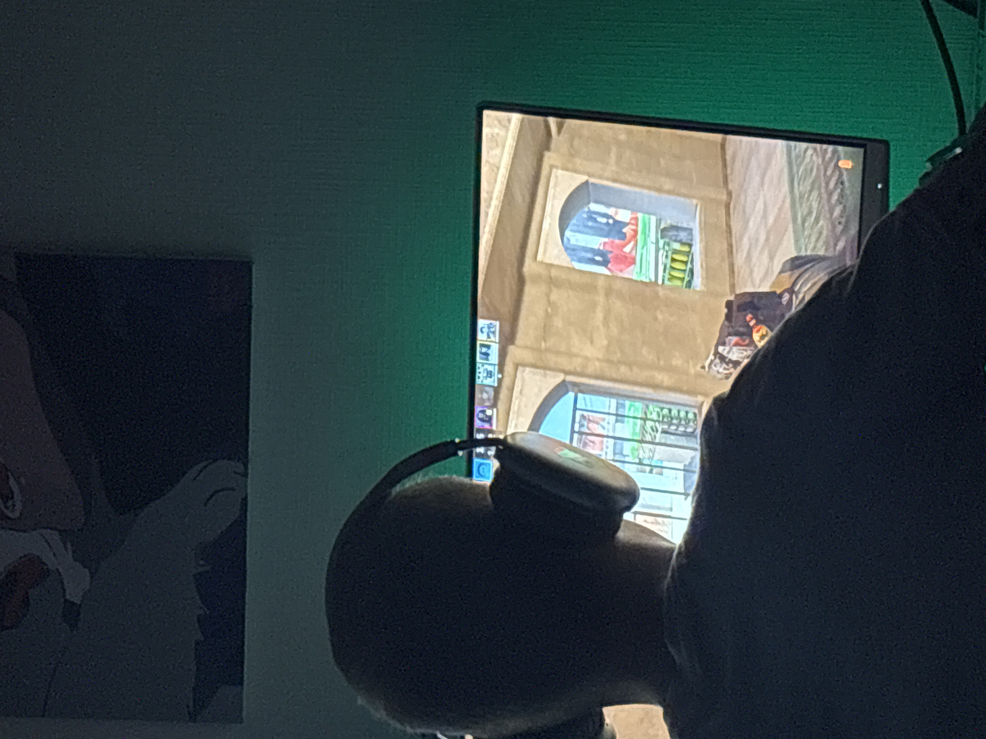 A person with headphones on their head is silhouetted in front of a computer monitor. The monitor displays a game scene, possibly set in a tan-colored building with windows revealing other characters or scenes. A framed artwork is on the wall to the left. The wall is green. The photo has poor lighting. The image provides insufficient detail to place the location in Vsevolozhsk, Russia.