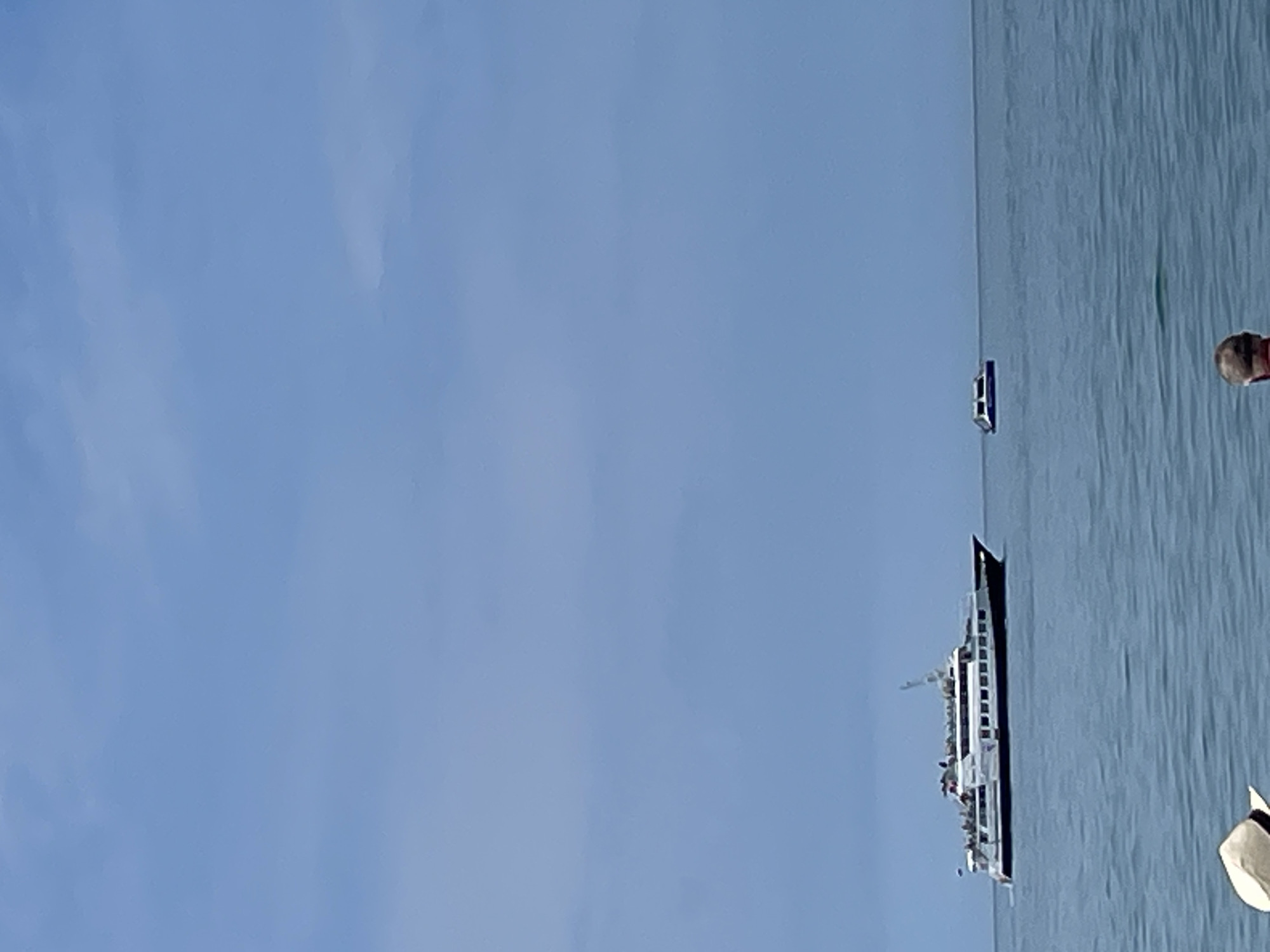 Two ferries are visible on a calm body of water under a bright blue sky. The larger ferry, in the foreground on the left, is white with a black hull and is carrying many passengers on its decks. To the right, further in the distance, a smaller, sleeker ferry with blue accents glides across the water. The foreground shows the edge of the water and what appears to be the hats and heads of people watching the ferries, suggesting a waterfront viewing area.