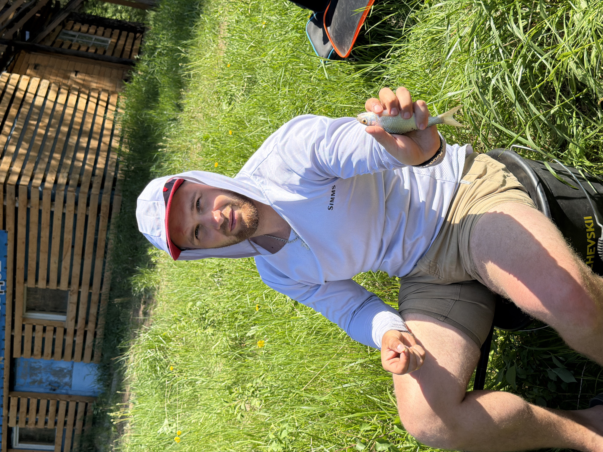 A man in a white hooded shirt, tan shorts, and a red-and-white baseball cap holds a small fish in his right hand. He is sitting on a black bucket in a grassy area. Behind him is a wooden structure with a blue door. The background includes grass, dandelions, and a possible building or structure on the left side of the frame. The scene appears to be outdoors, potentially near a body of water. The location is Chaikovsky, Russia.